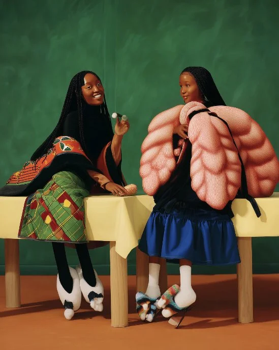 Two women in colorful outfits sitting at a table against a green background, holding makeup brushes and wearing quirky, oversized shoes and accessories.