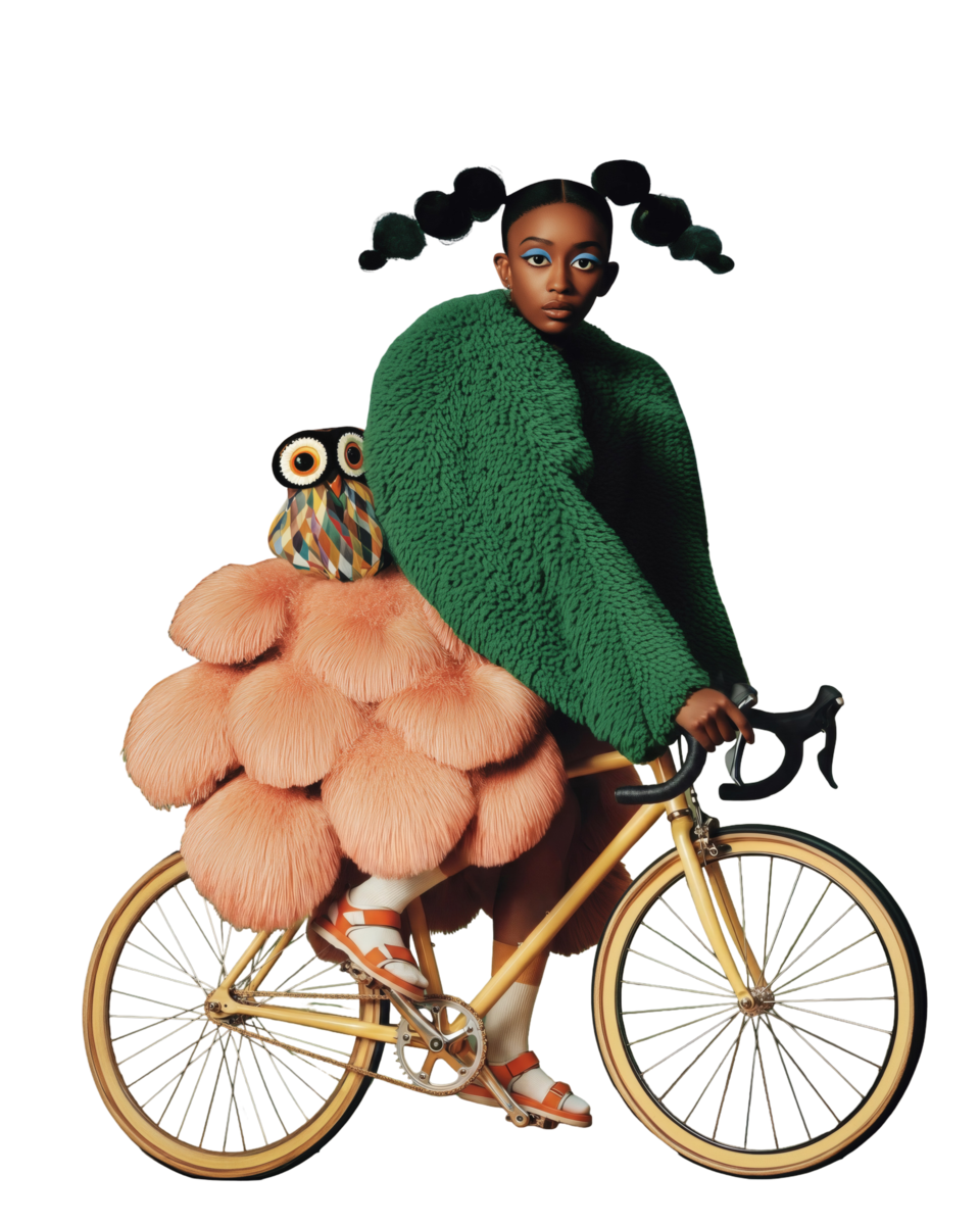 A woman riding a yellow bicycle with a large, pink fluffy costume shaped like an owl on her back. The woman has dark skin, bold makeup with blue eyeshadow, and her hair styled in high puffs.