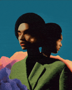 A digital illustration of two women with dark skin and hair styled in buns, facing opposite directions, against a colorful abstract mountain landscape background.