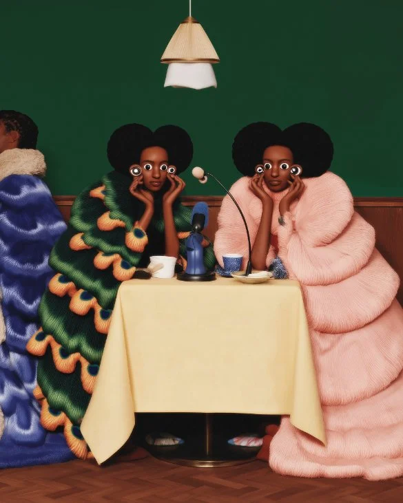 Two women sitting at a table with odd, extra eyes on their faces, wearing colorful, textured clothing with exaggerated textures, in a room with green walls and a hanging lamp above them.