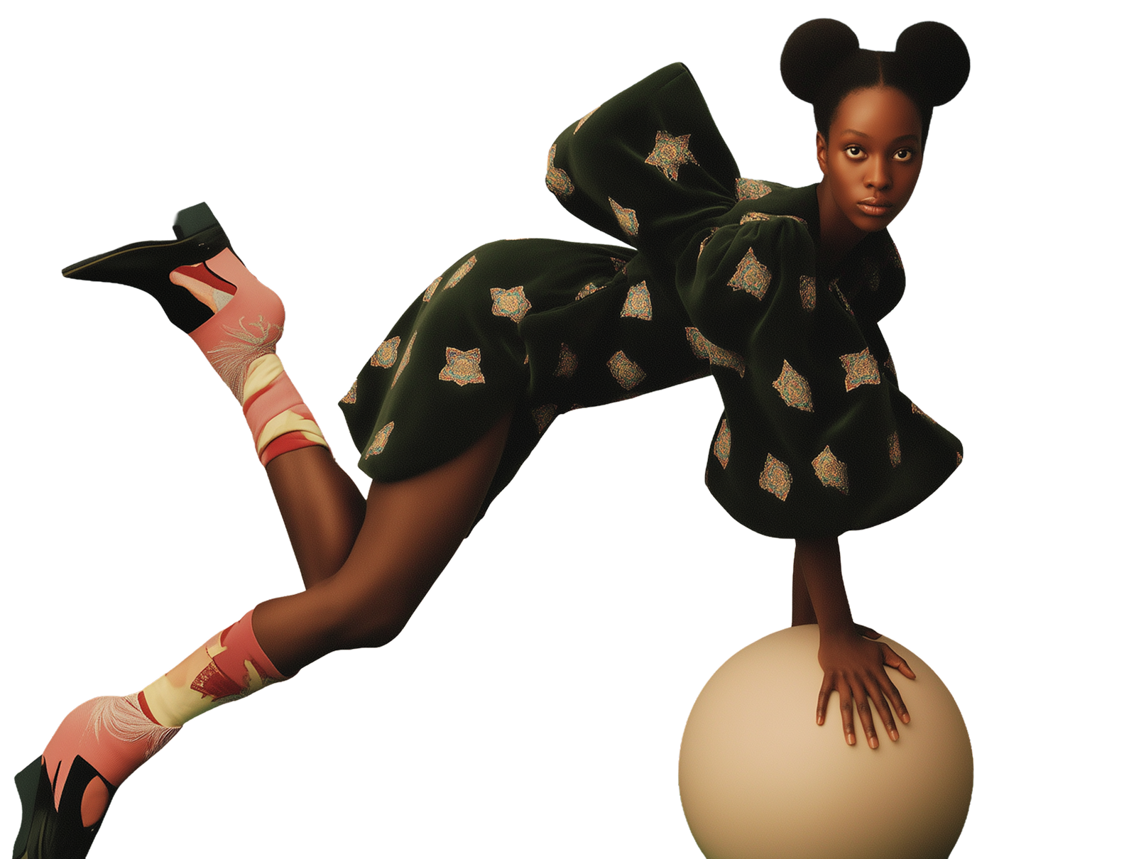 A woman in a patterned black outfit with large sleeves poses on a large beige ball, wearing pink and black high-heeled shoes and socks with abstract designs. Her hair is styled in two large buns.