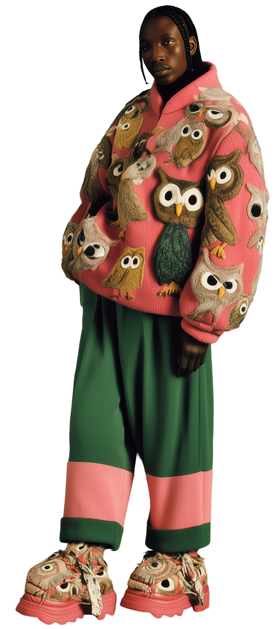 A woman with dark skin and braided hair, wearing a pink sweater decorated with various cartoonish owls, green wide-leg pants with pink knee patches, and matching owl-patterned shoes.