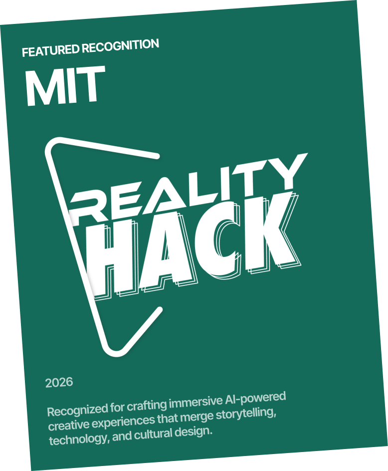 A green poster with white text recognizing MIT at the 2026 Reality Hack event, highlighting immersive AI-powered creative experiences merging storytelling, technology, and cultural design.