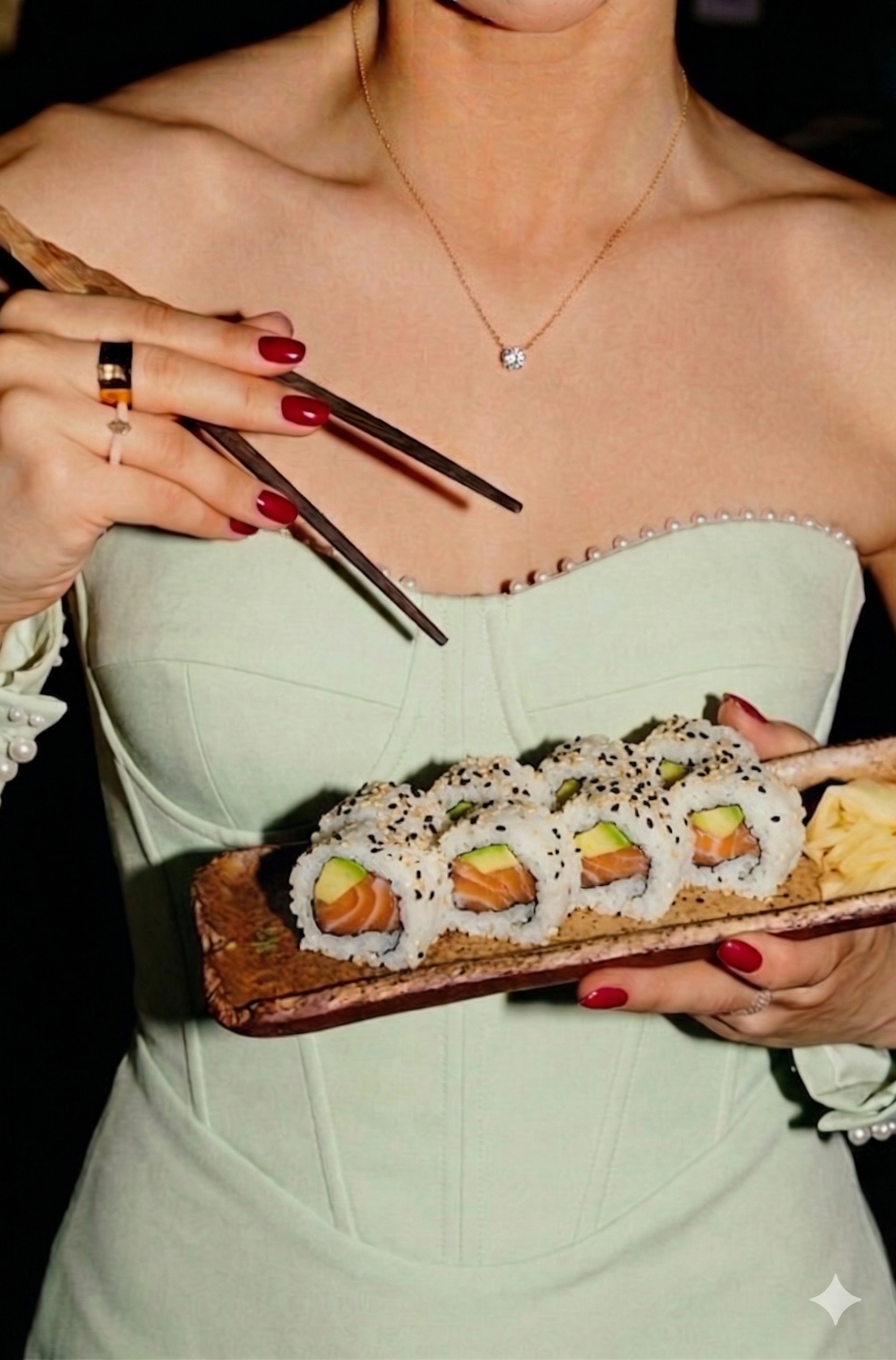 Person in a strapless dress holding a wooden platter of sushi, using chopsticks, with jewelry including a necklace and rings, and red nail polish.