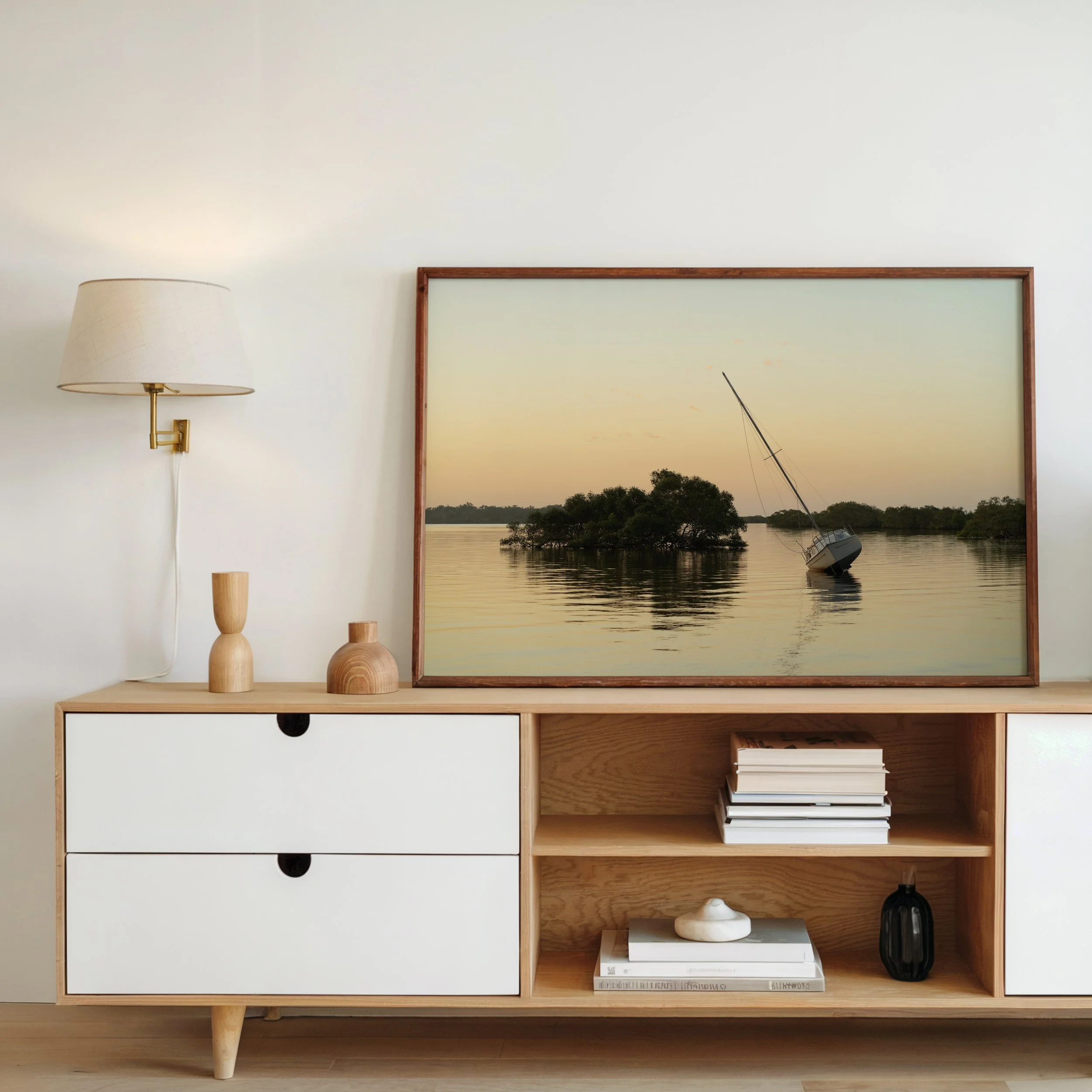 Sunset marina print styled as wall art in a modern interior