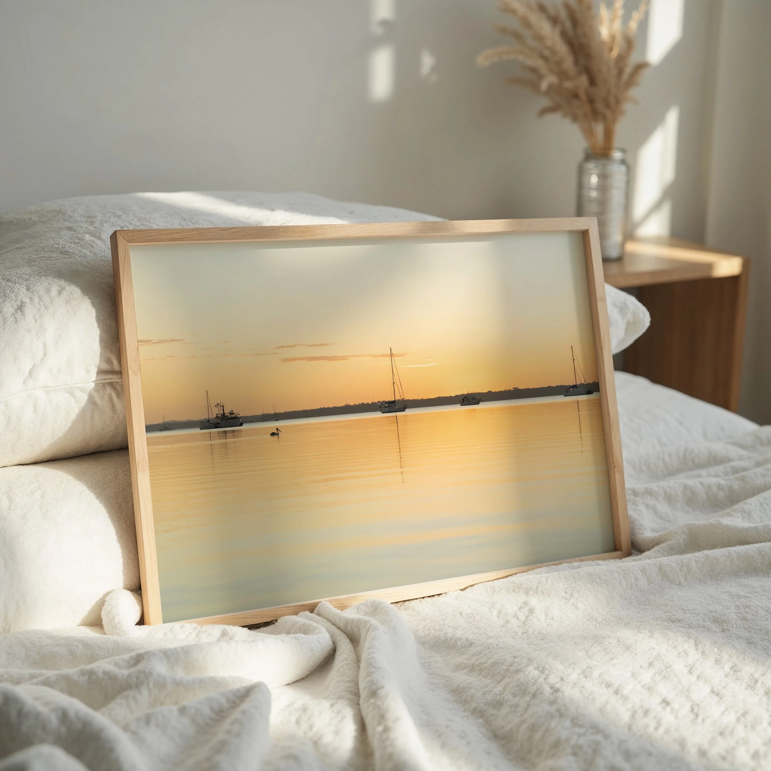 Sunset coastal print styled as wall art in a modern interior