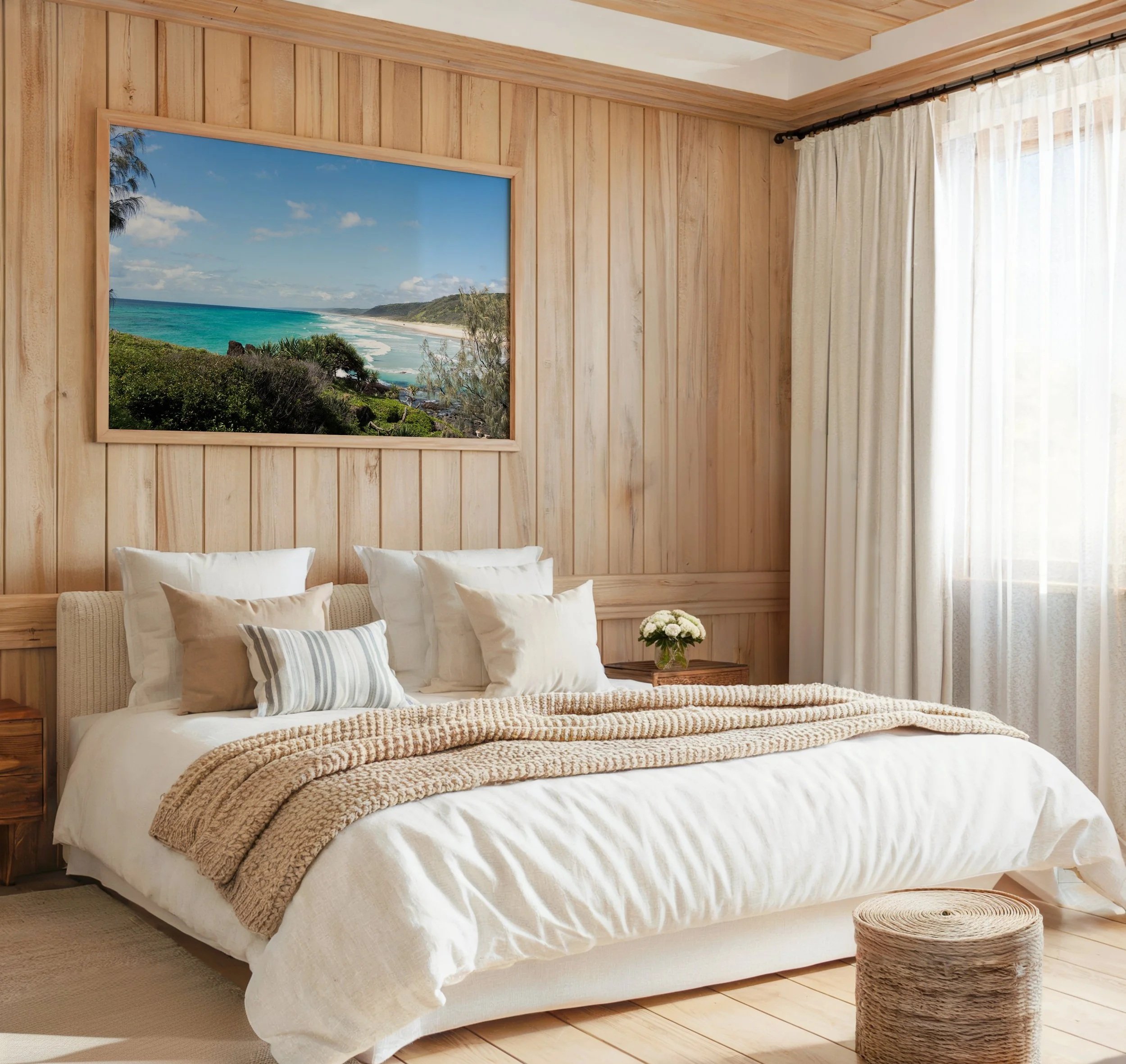 Coastal landscape print styled as wall art above a bed