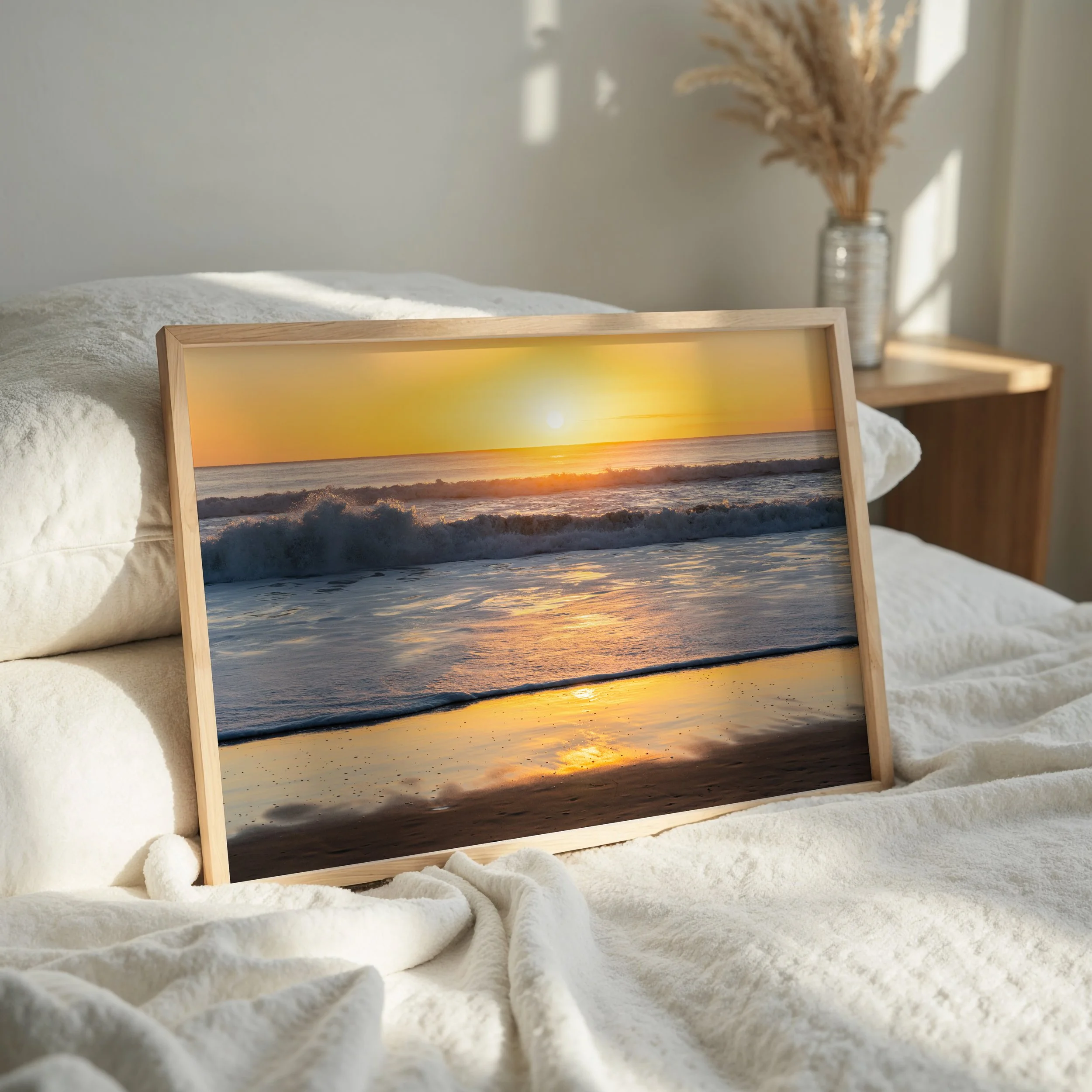 Sunrise beach print styled in a bedroom setting