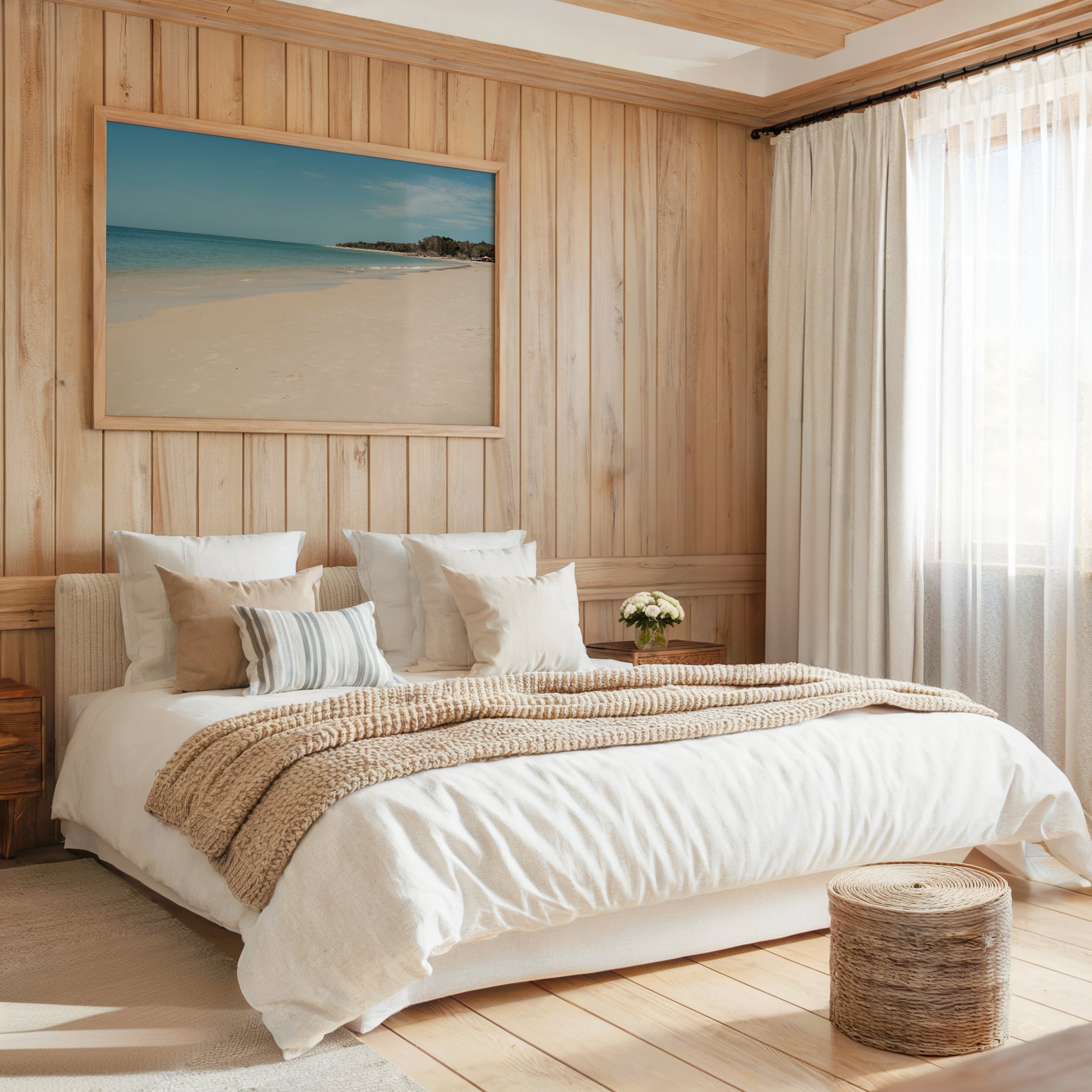 beach landscape print styled above a bed