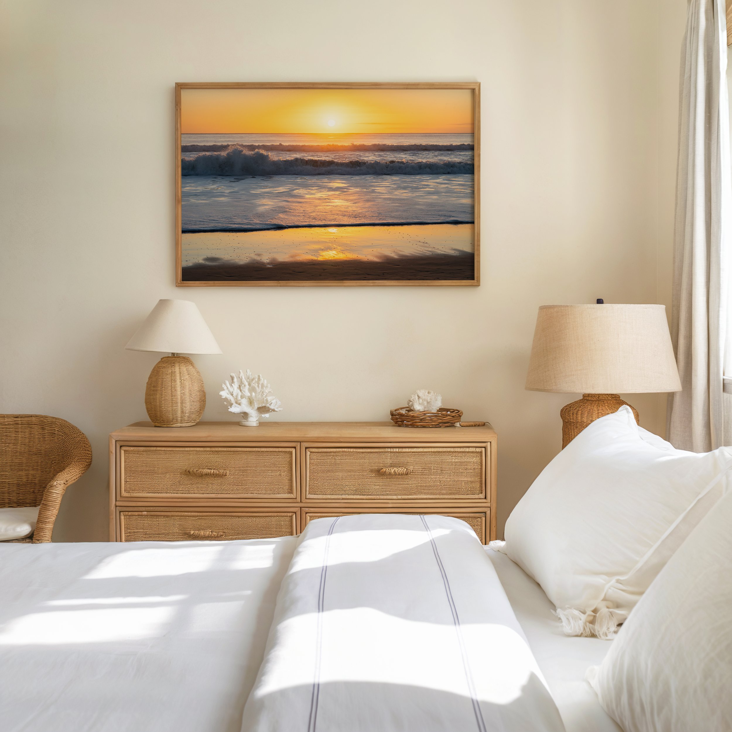 Sunrise beach print styled as wall art in a bedroom