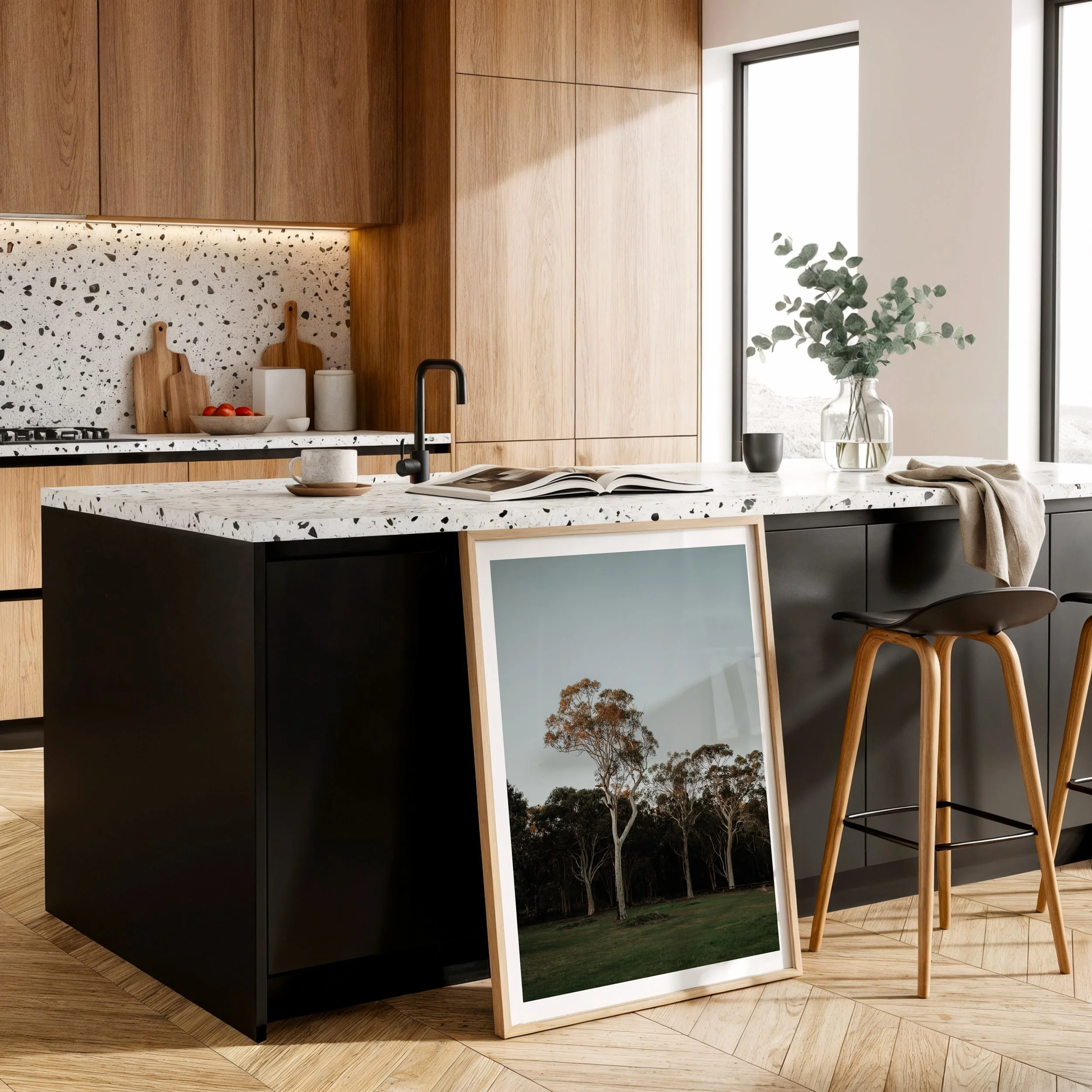 Afternoon Gum Trees artwork styled in a contemporary room with earthy, nature‑inspired décor.