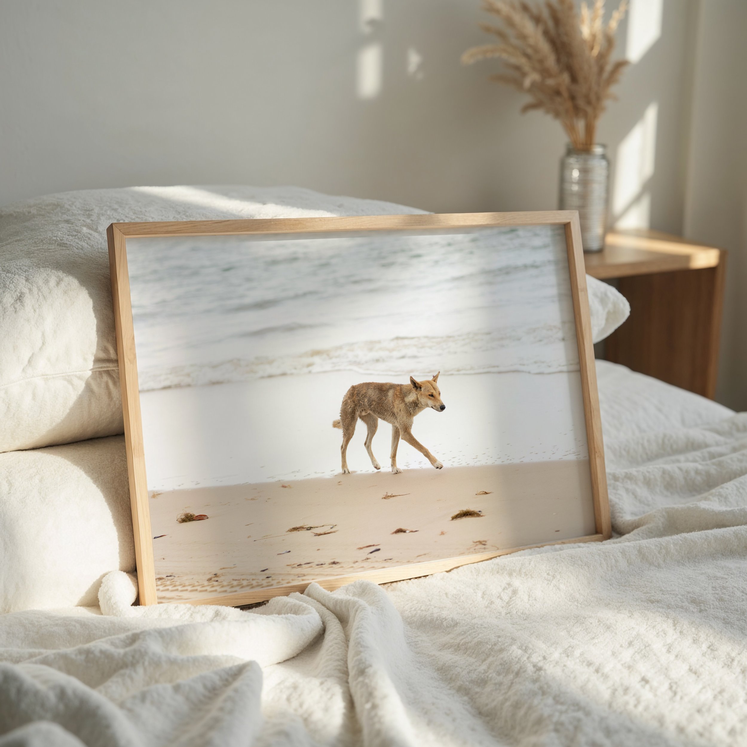 framed beach dingo photograph displayed in a bedroom