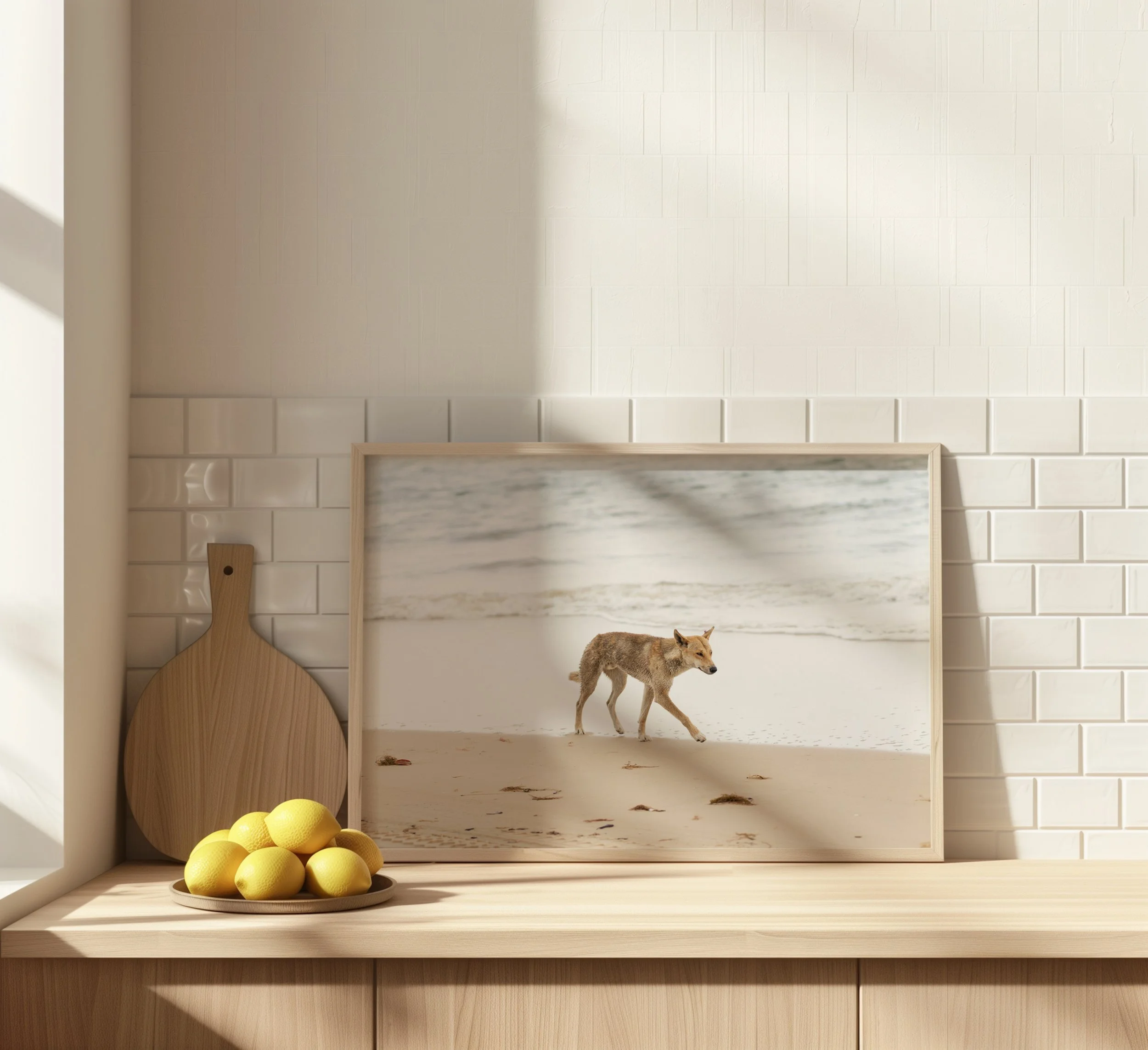 framed dingo beach photograph displayed on a bench