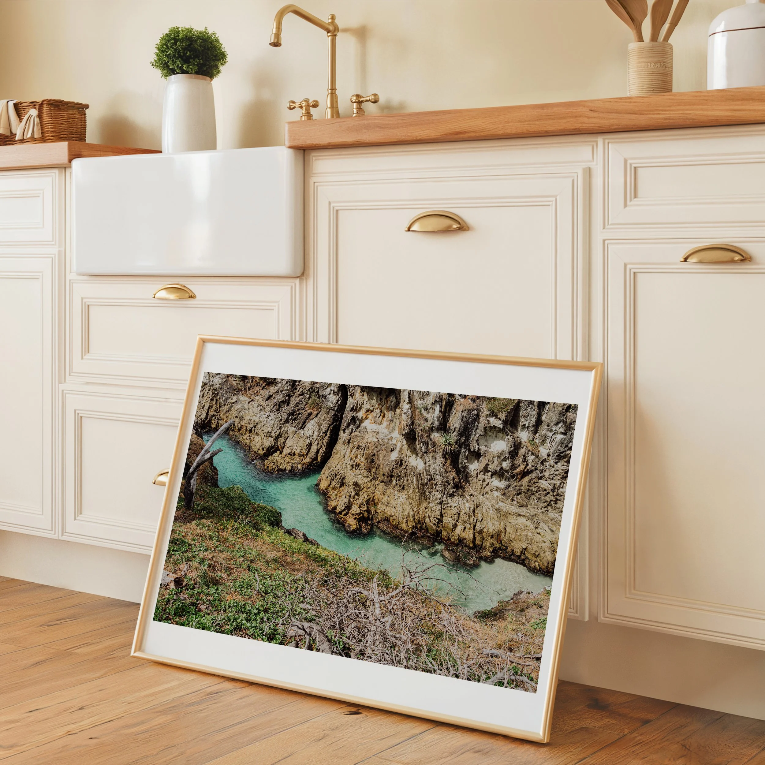 Turquoise gorge landscape print styled in a kitchen setting