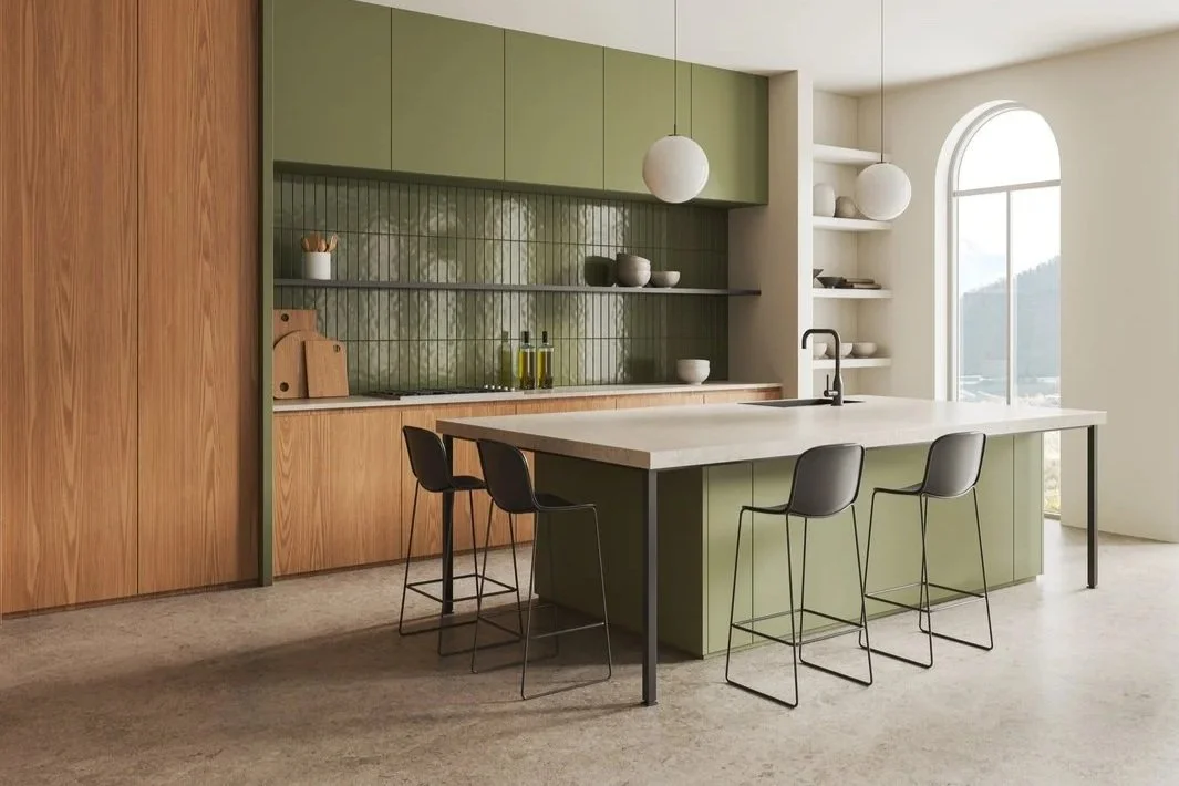 Modern kitchen with green and wooden cabinetry, a kitchen island with a white countertop and three black bar stools, open shelving with dishes, and a large arched window allowing natural light.
