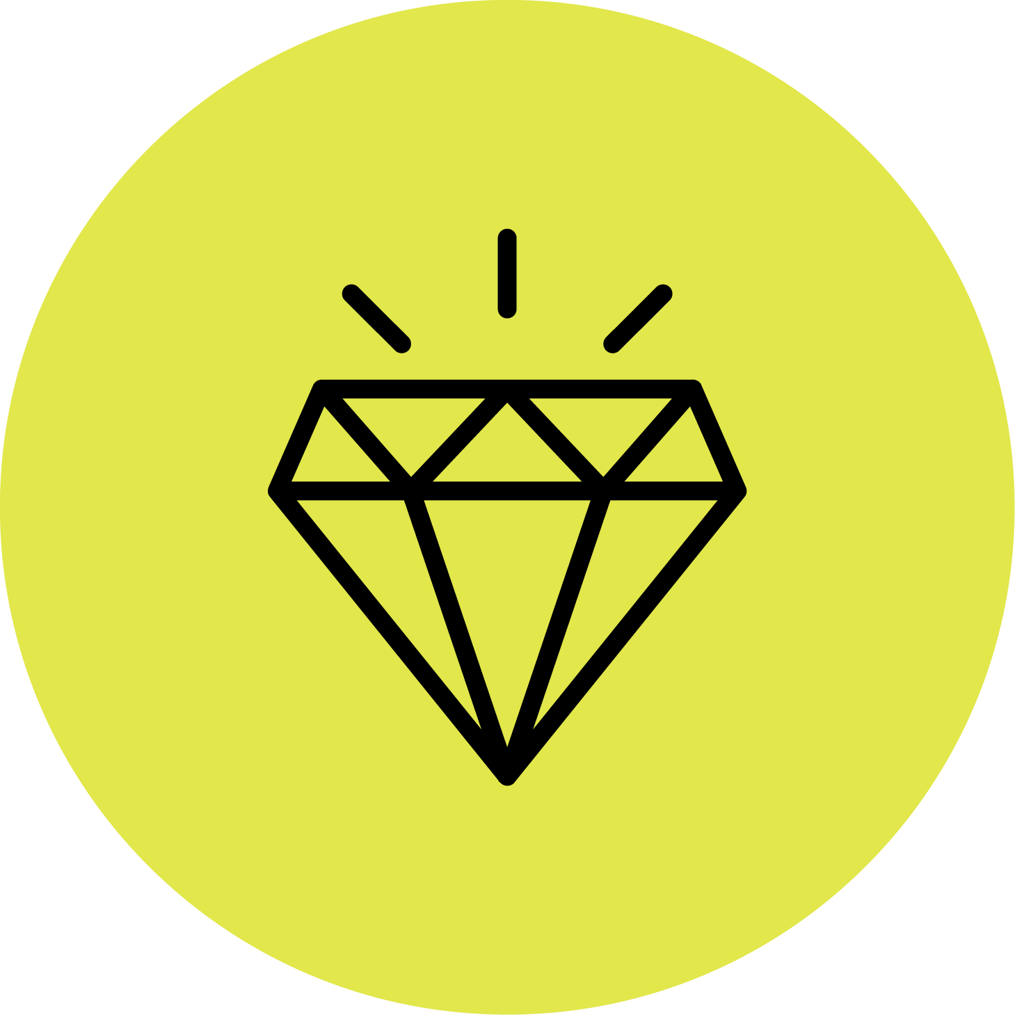 A yellow circle with a black outline of a diamond gemstone in the center.