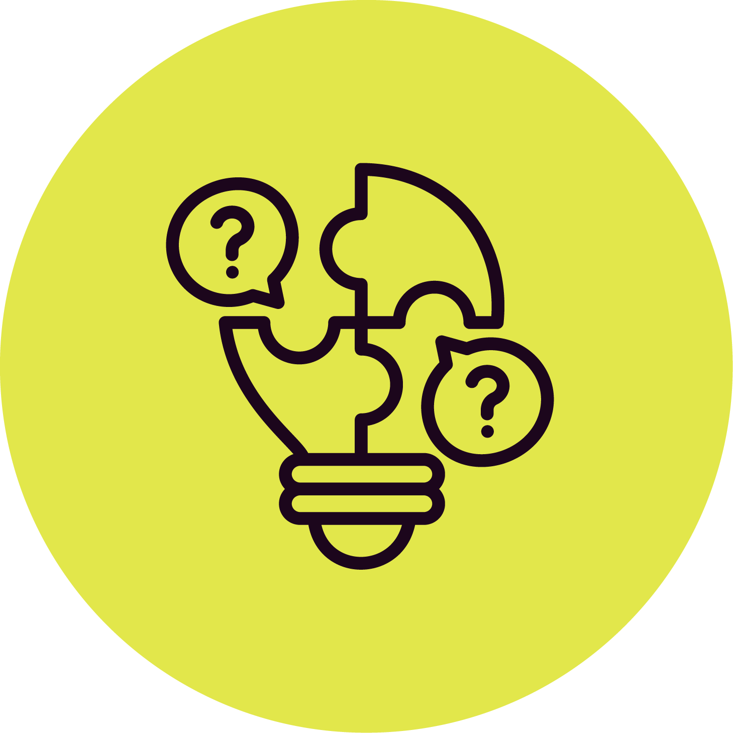 Illustration of a lightbulb with puzzle pieces forming the top, and speech bubbles with question marks indicating ideas or questions.