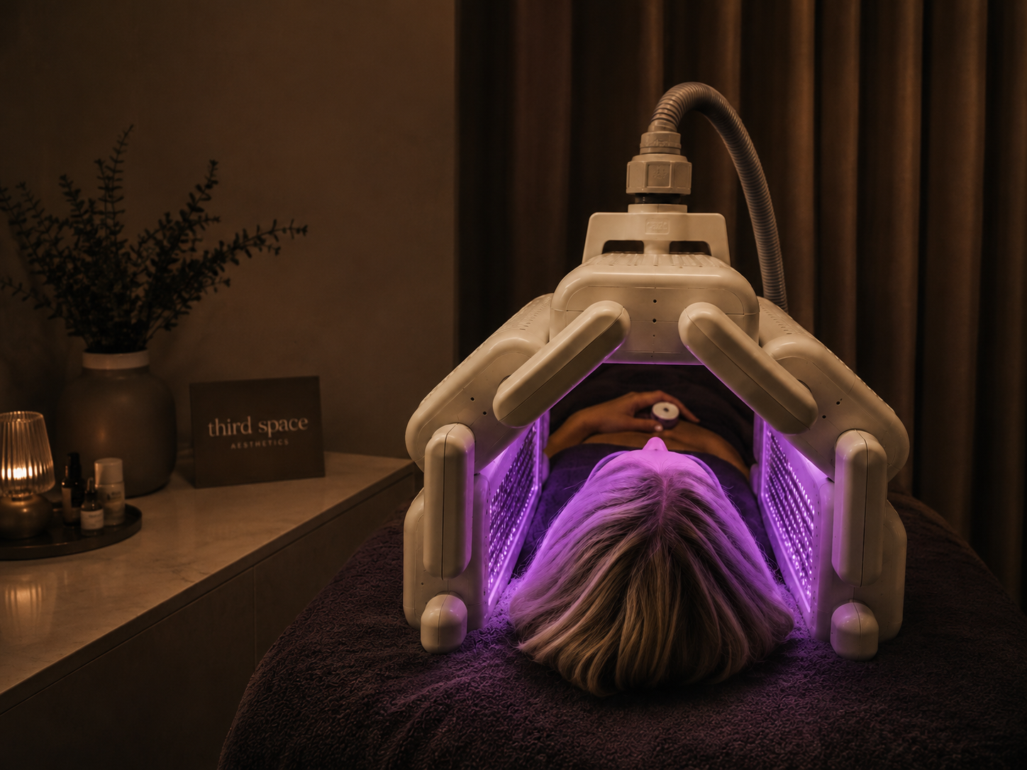 A woman lying on a treatment bed inside a purple LED light therapy machine at a spa, with a salon-like ambiance and a sign that reads 'third space AESTHETICS' on a side table.