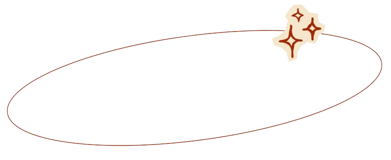 A simple illustration of an oval-shaped loop with small colorful lines and a cluster of star-shaped sparkles at the top right.