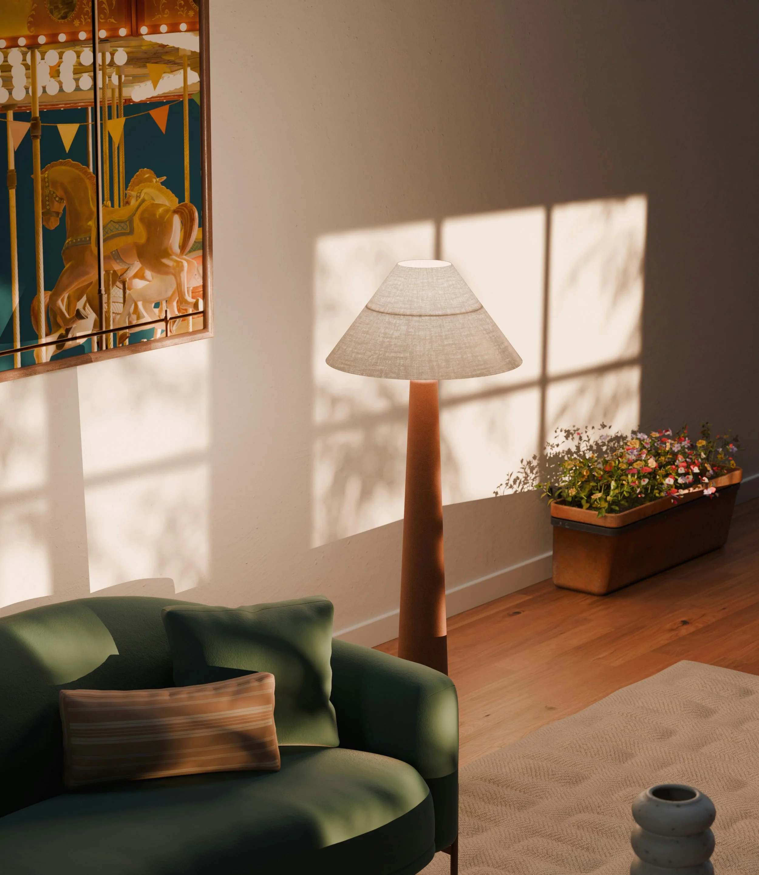 Mid century modern living room with a green chair and a white lamp