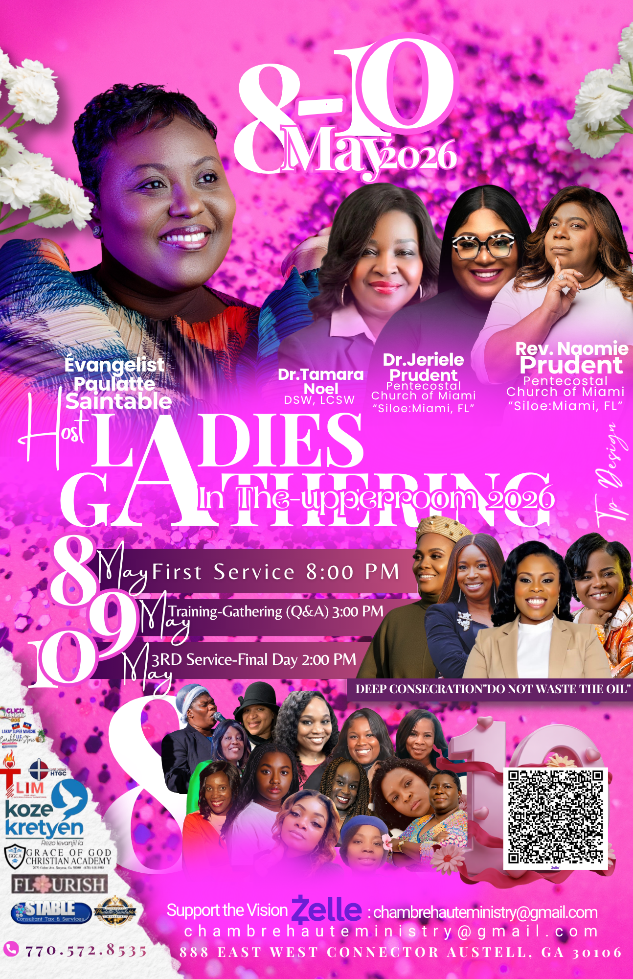 A vibrant promotional poster for a ladies' gathering, featuring pictures of diverse women, event dates from May 8 to May 10, 2026, with schedules for services, training, and activities, set against a pink background with floral accents and sponsor logos.