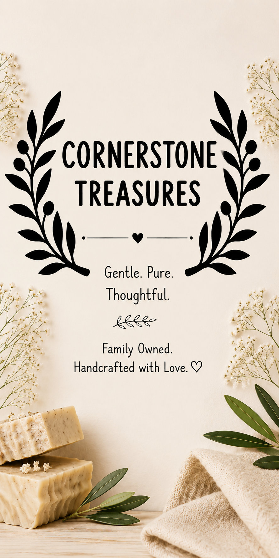 A sign that reads "Cornerstone Treasures" with a decorative black leafy border, surrounded by natural elements such as soap bars, green leaves, and lace fabric, with soft neutral background.