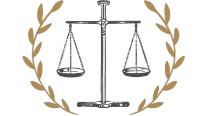 Balanza de justicia rodeada por una guirnalda de hojas de laurel.