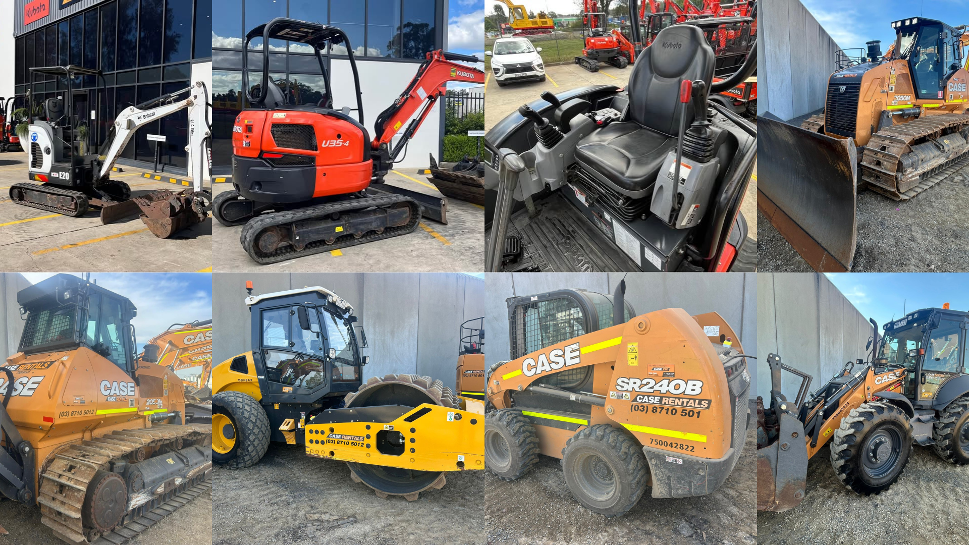 A collage of construction equipment including mini excavators, compact loaders, and track bulldozers, mainly branded CASE and Kubota, displayed outside at a rental lot.