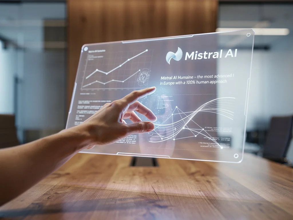 Main manipulant un écran holographique transparent avec graphiques et texte sur l'intelligence artificielle de Mistral AI, dans un bureau moderne.