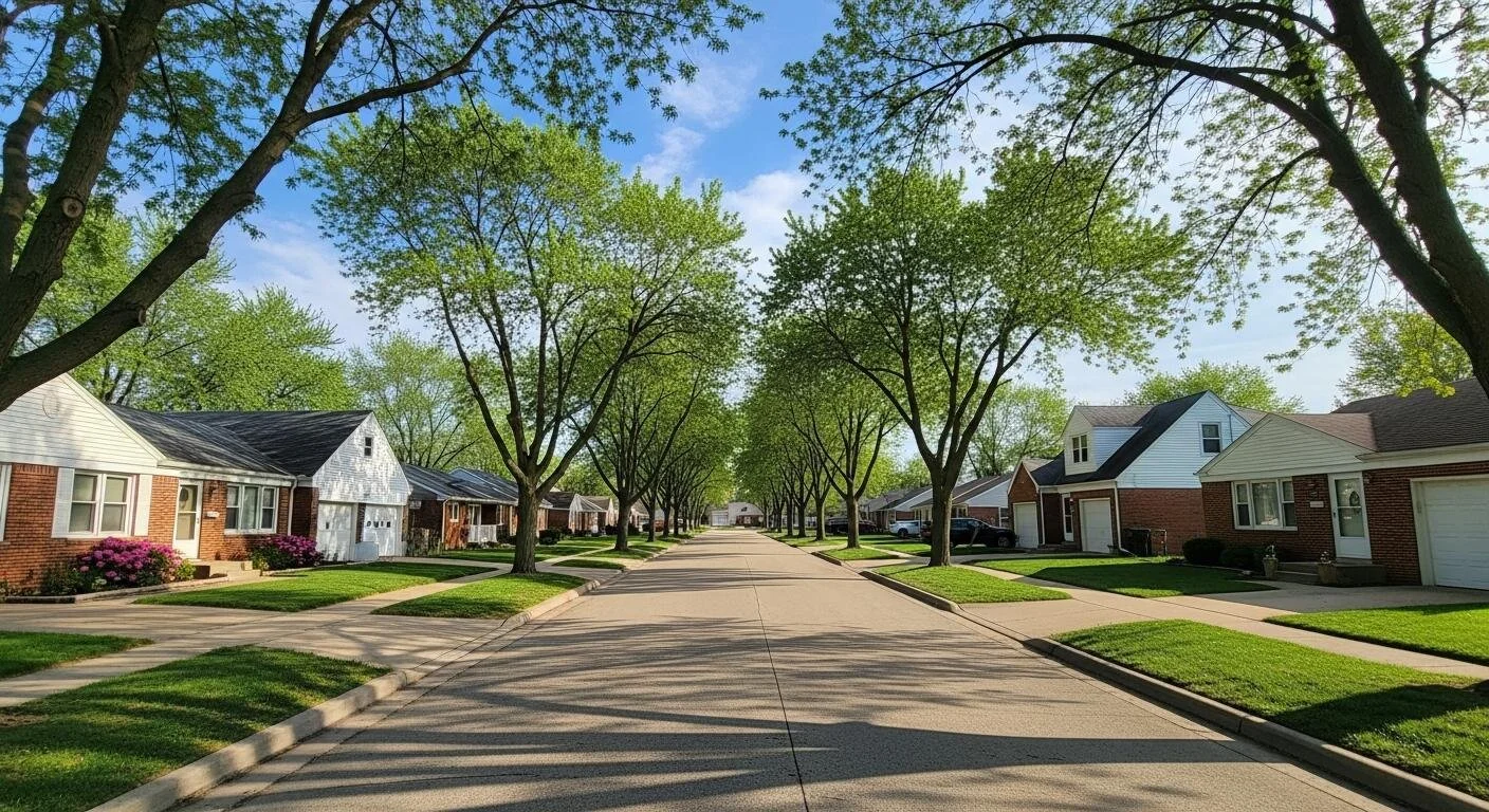 Residential neighborhood street with houses on each side, green lawns, flowering bushes, and trees lining the street, under a partly cloudy blue sky.  Huntertown, IN. Brittany Kindler.