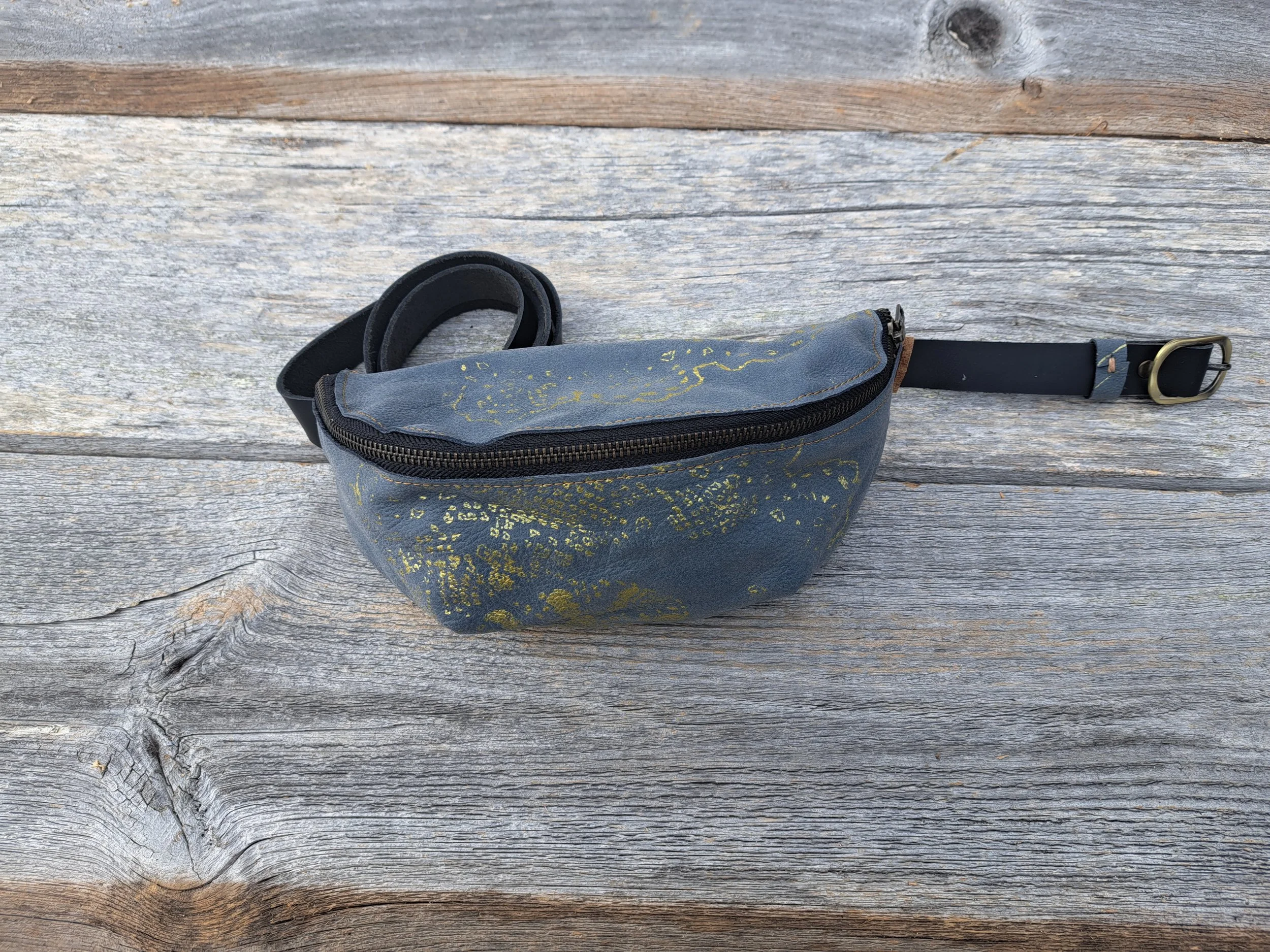 Dusty Blue & Gold Doilie Leather Fanny Pack