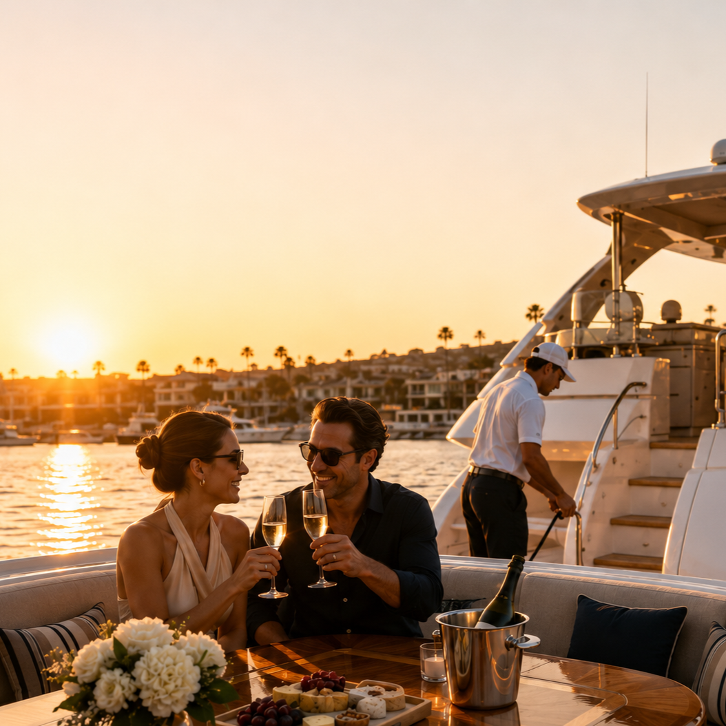 Couple enjoying champagne aboard a luxury yacht in Newport Harbor with white-glove yacht charter concierge services.