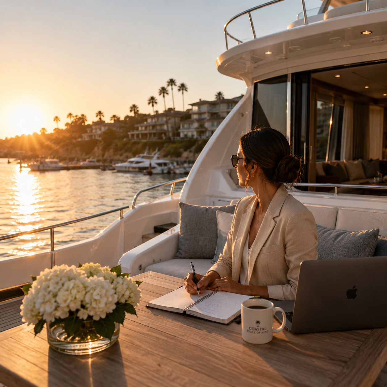 Woman in sunglasses writing in a notebook on a Coastal Peace of Mind managed yacht during sunset, with a laptop, coffee mug, and flower arrangement on the table.