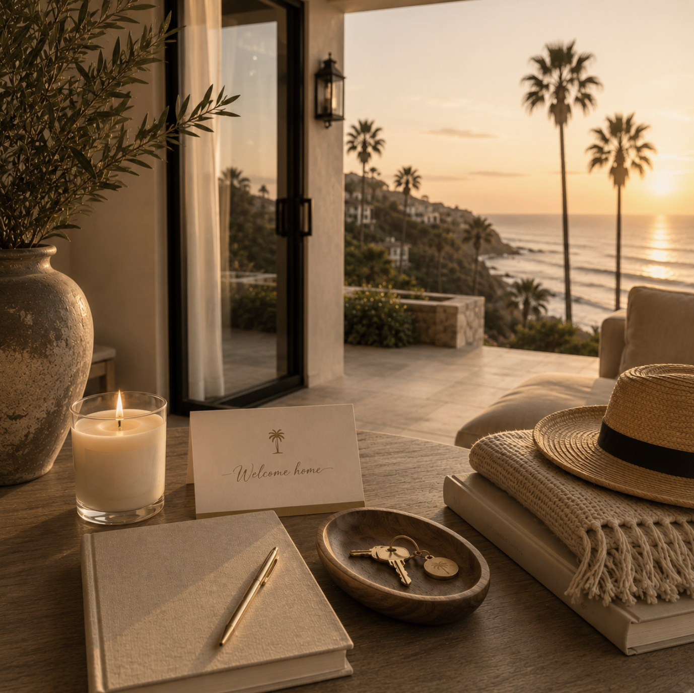 Luxury arrival preparation service in Laguna Beach featuring welcome home amenities, house keys and coastal ocean views.