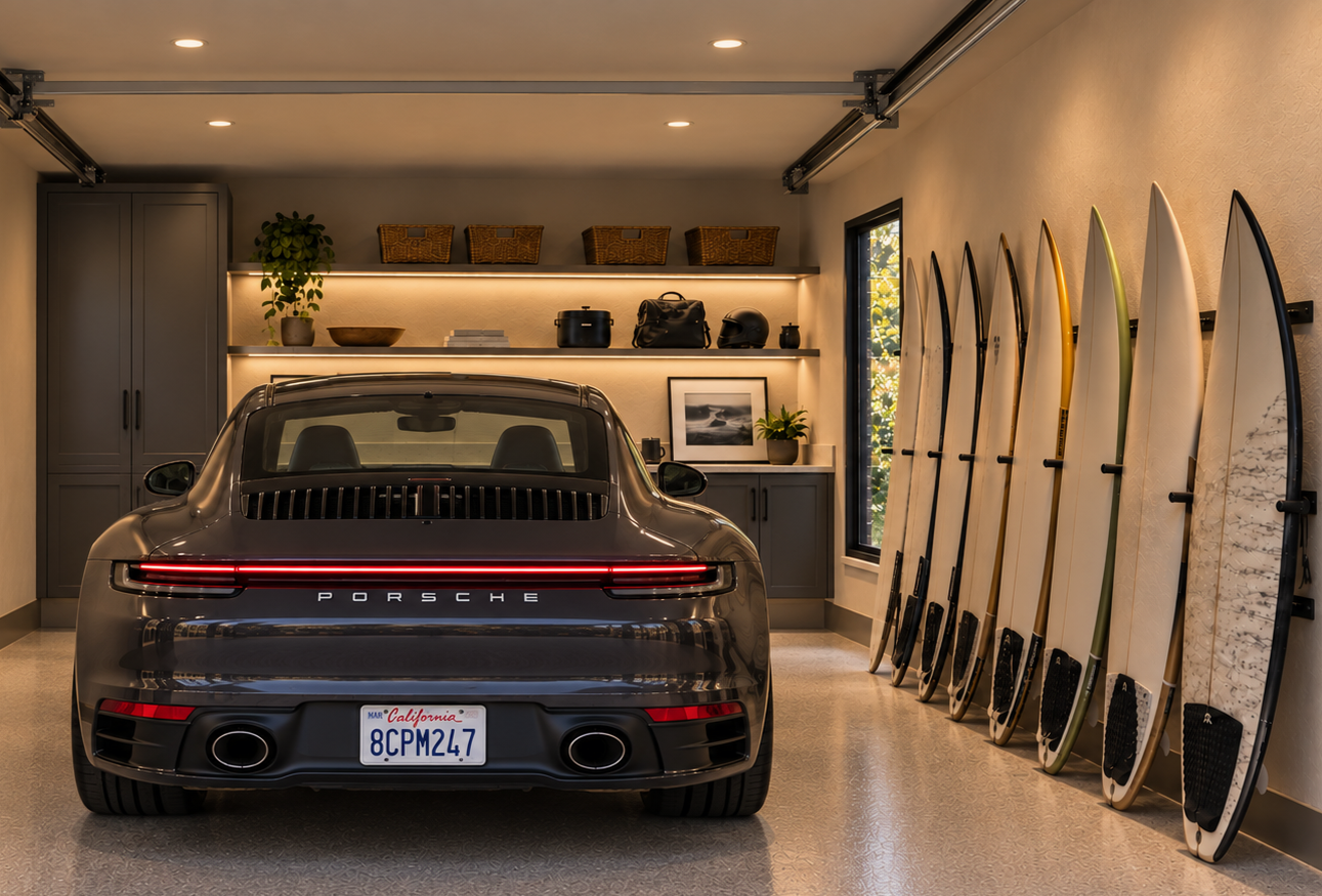 Porsche 911 and organized surfboard collection in a luxury Laguna Beach home garage