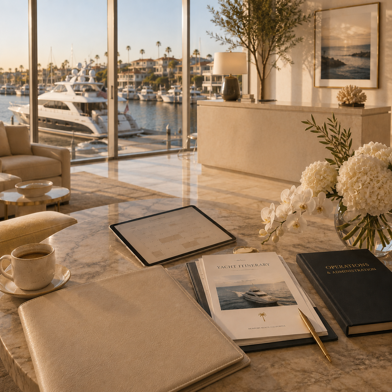 Luxury yacht charter administration workspace overlooking Newport Beach Harbor with itinerary planning, scheduling and operational coordination.