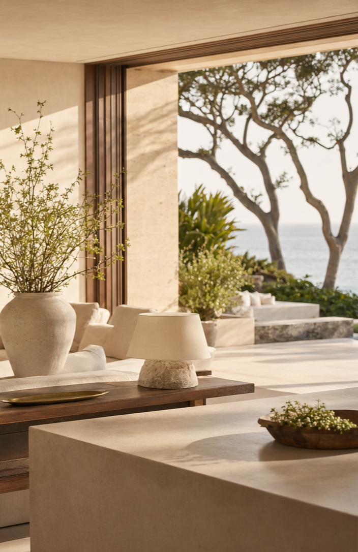 Modern living room with large open window showing trees and ocean view, beige sofa, potted plant, and table lamp.