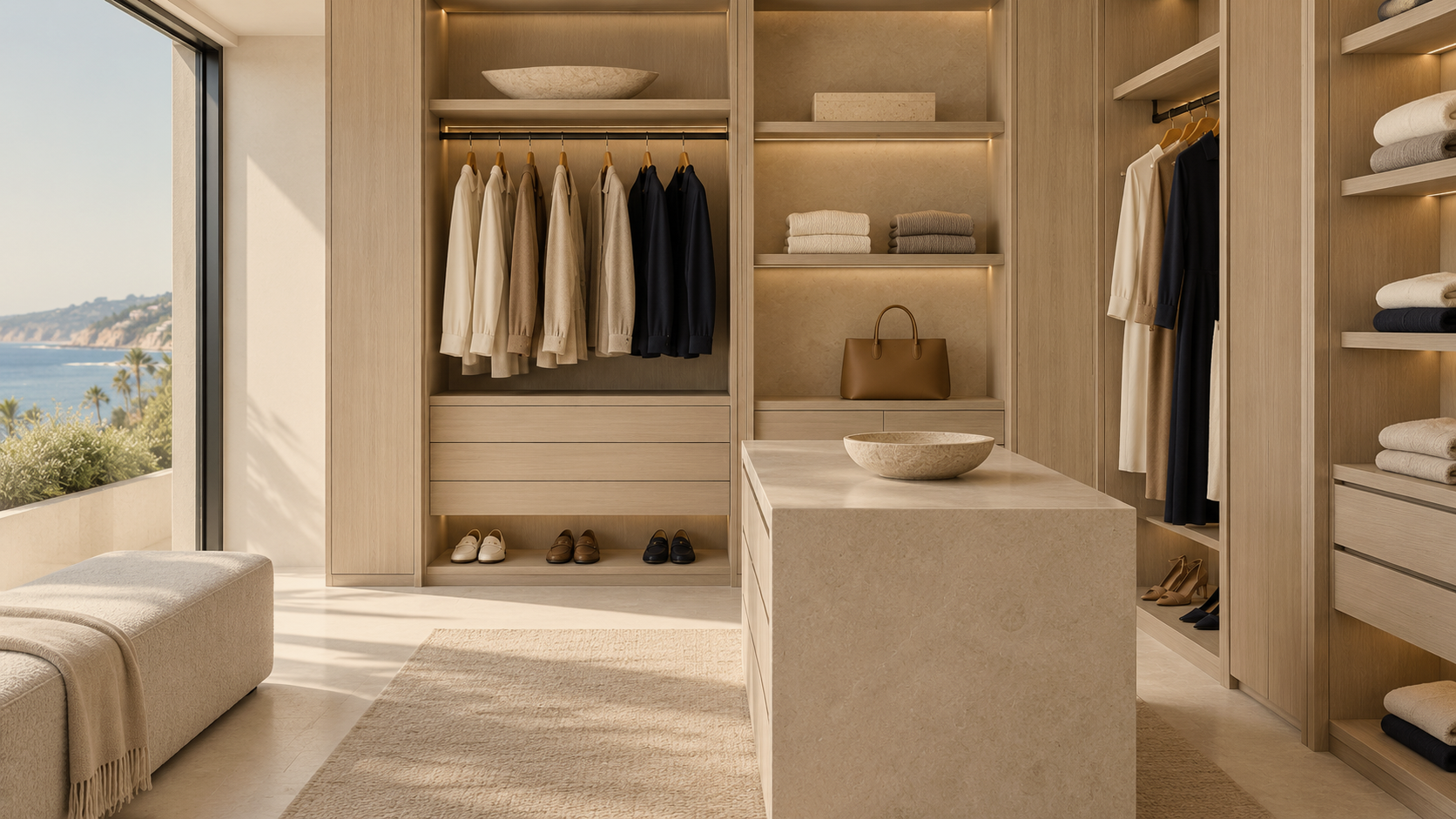 Modern luxury walk-in closet professionally organized in a coastal Orange County residence