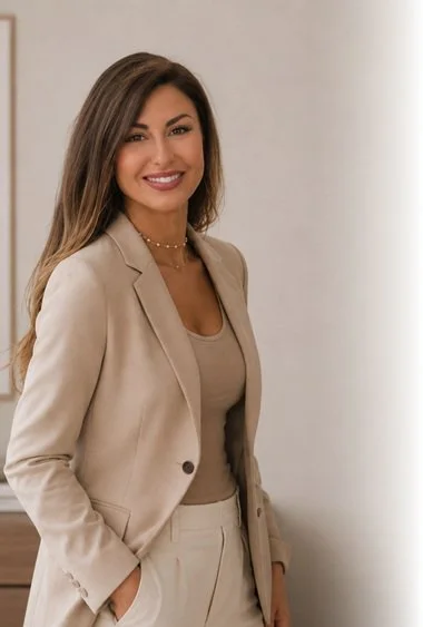 A young woman with long brown hair, wearing a beige blazer and matching pants, standing indoors and smiling at the camera.
