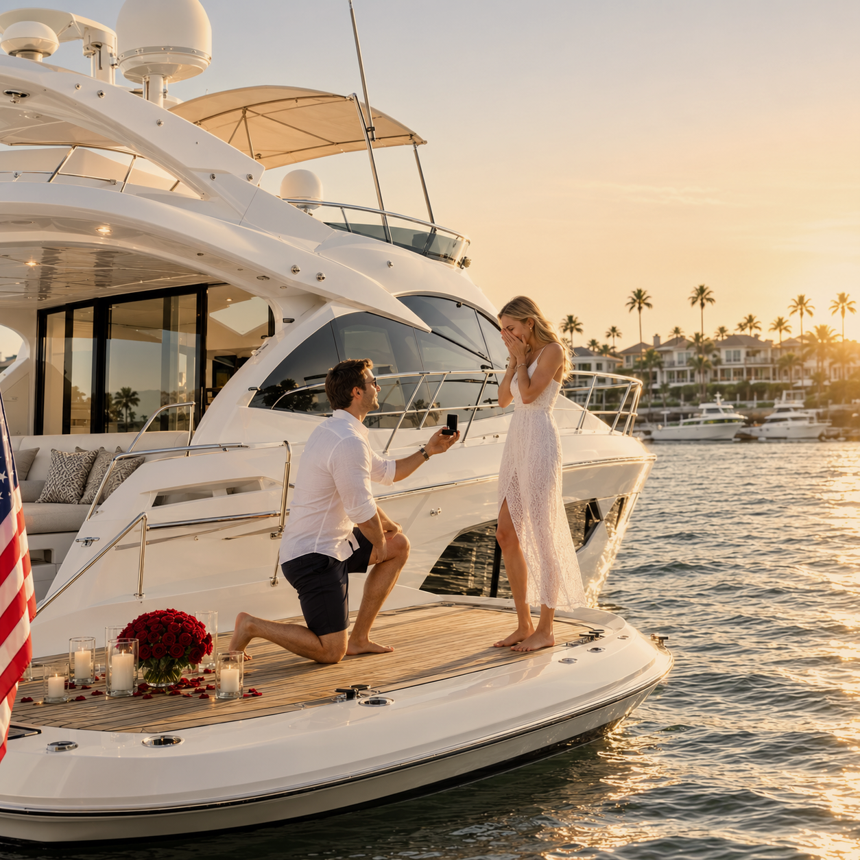 Luxury yacht proposal planning and concierge guest experience coordinated by Coastal Peace of Mind in Newport Beach.