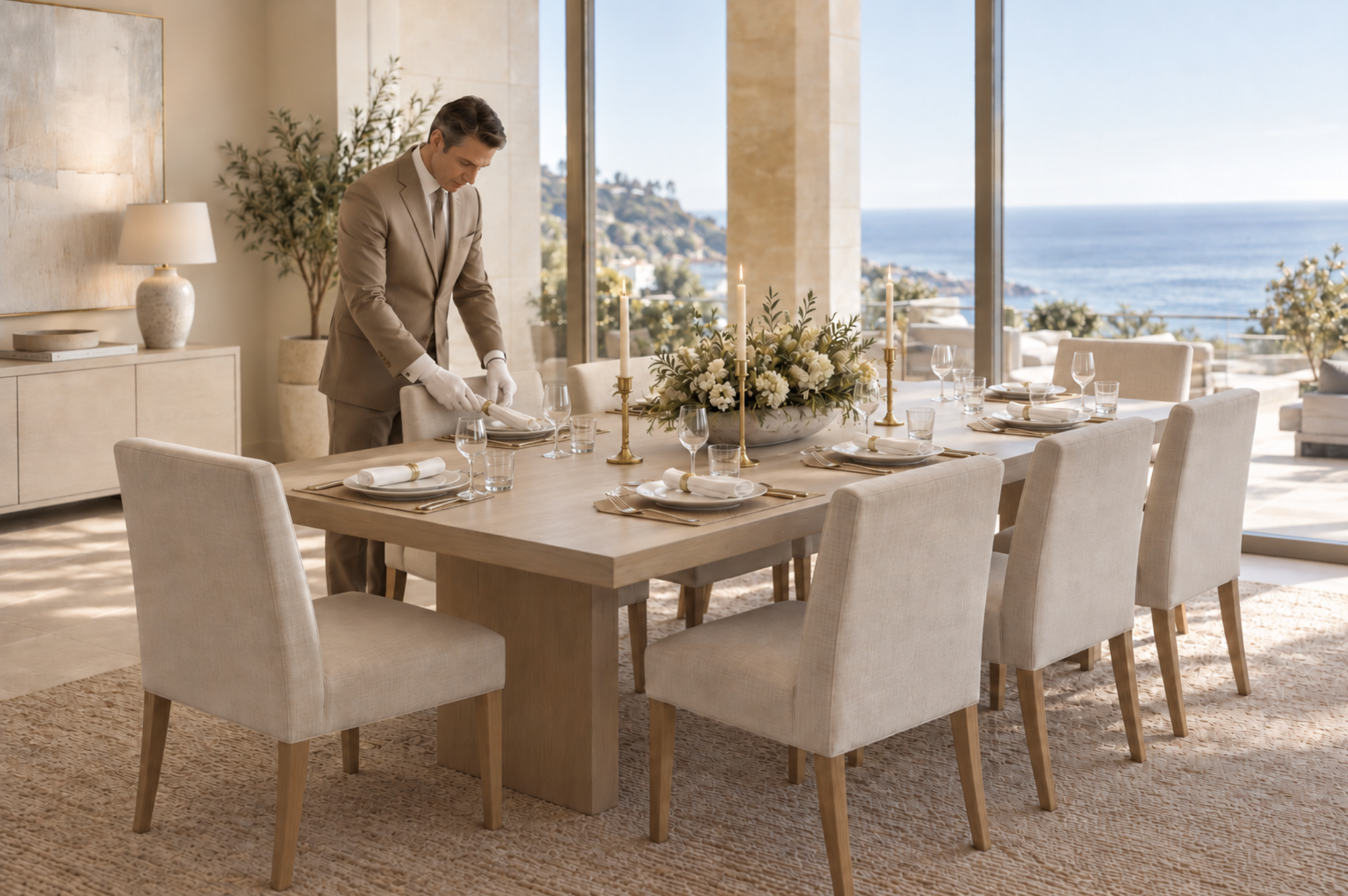 Butler setting the table at an elegant oceanfront residence