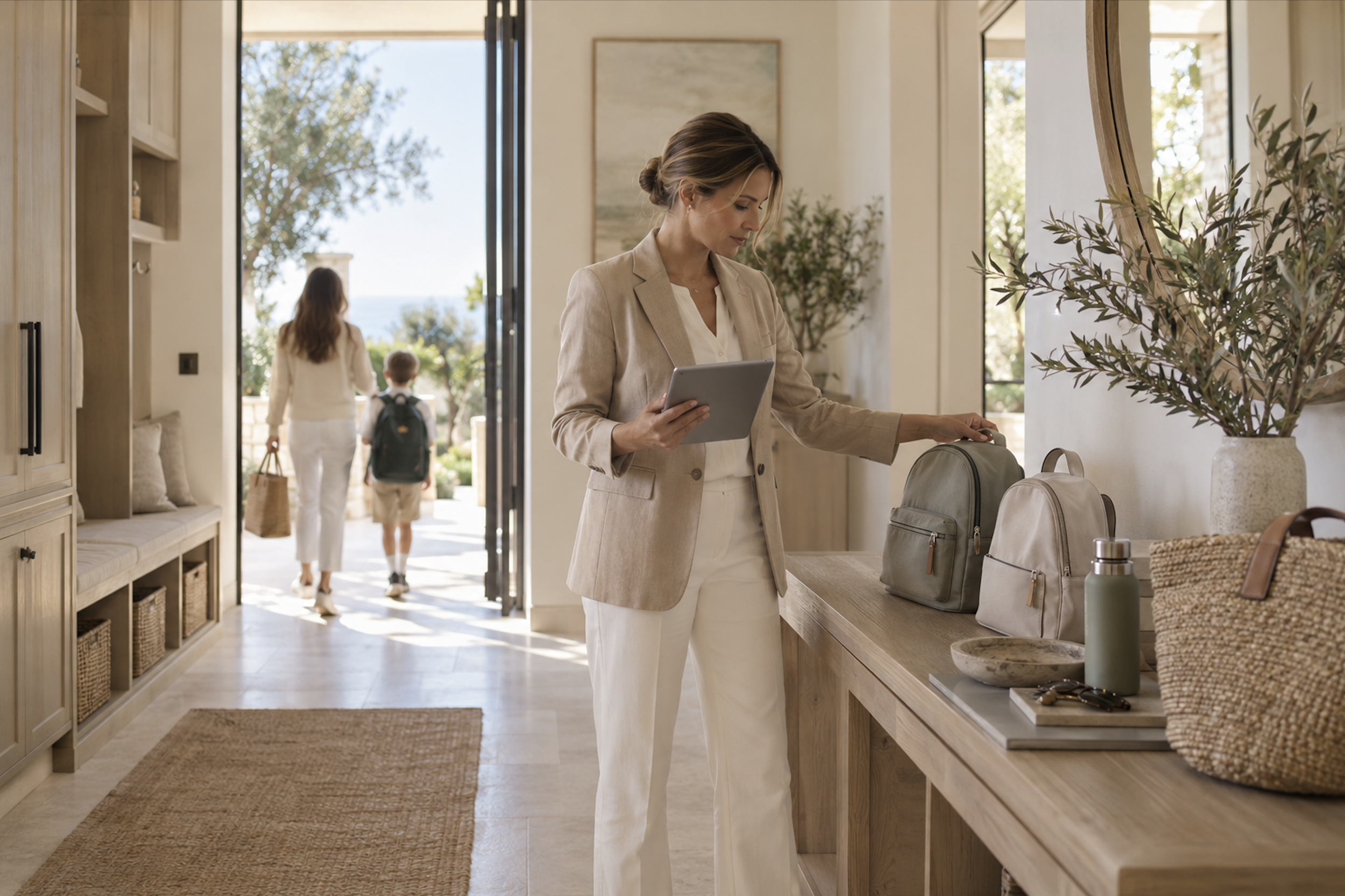 A personal assistant placed by Coastal Peace of Mind Staffing Agency, in a beige blazer and cream pants stands at an entryway counter, looking into a bag with a tablet in her hand. In the background, a woman and a young boy with a backpack.