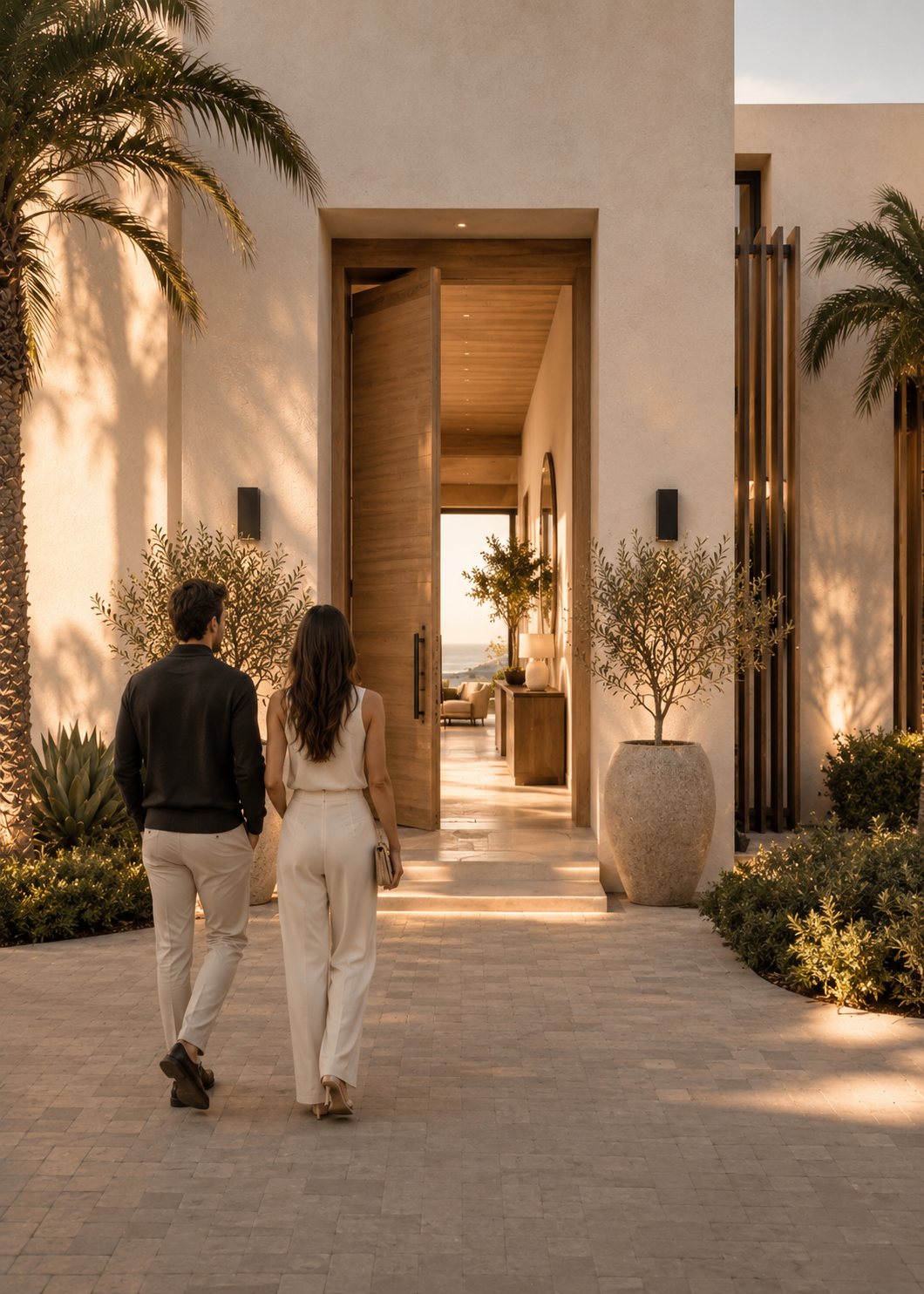 A man and a woman walking towards a modern open doorway of a house or hotel, with palm trees and potted plants, during sunset or late afternoon.