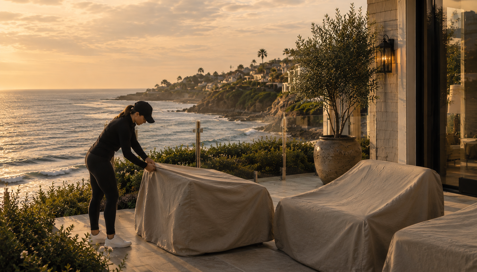 Luxury Newport Beach oceanfront home terrace being prepared for seasonal arrival, with outdoor furniture covered and the coastline in the background.