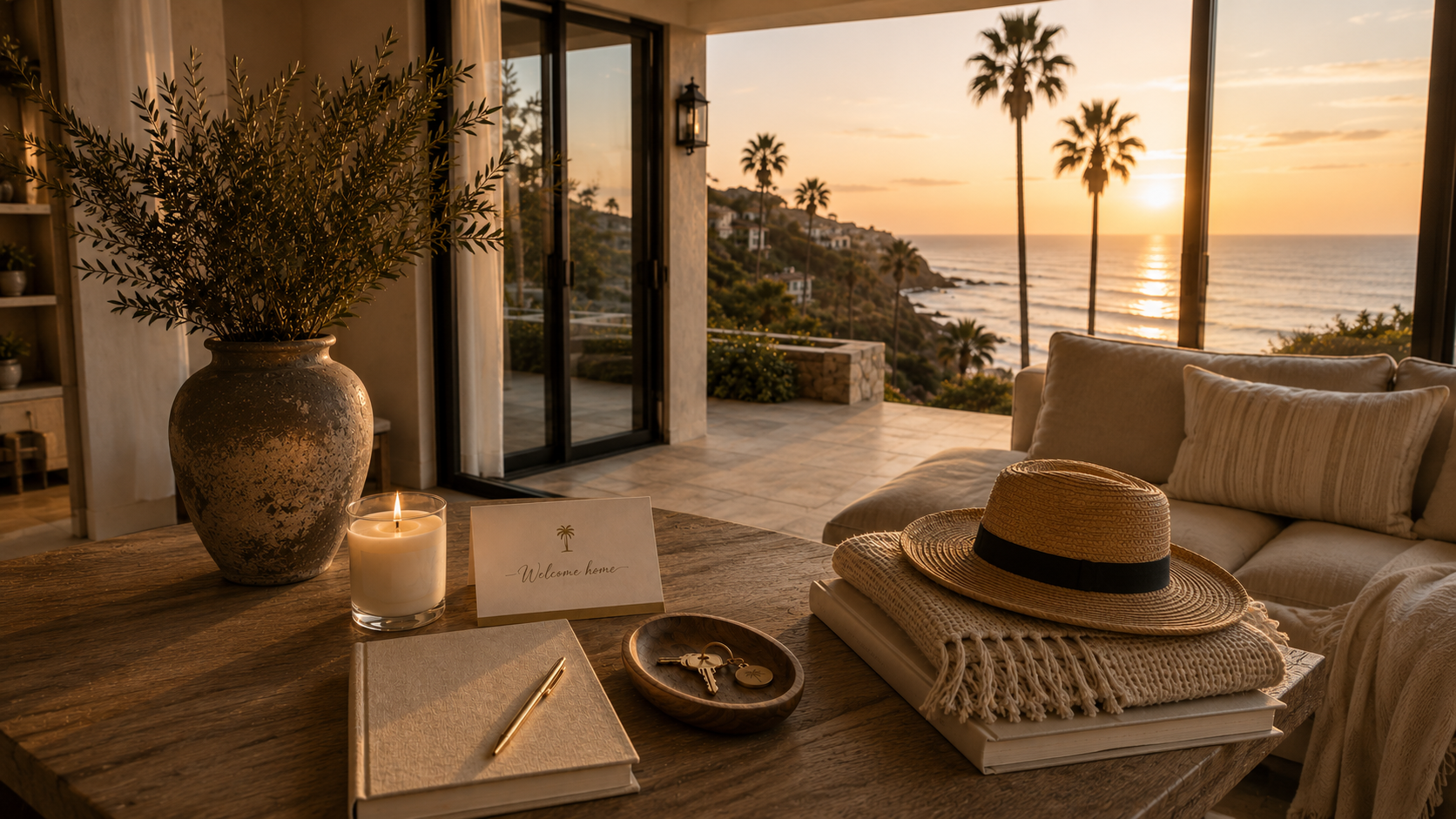 Luxury arrival preparation service in Laguna Beach featuring welcome home amenities, house keys and coastal ocean views.