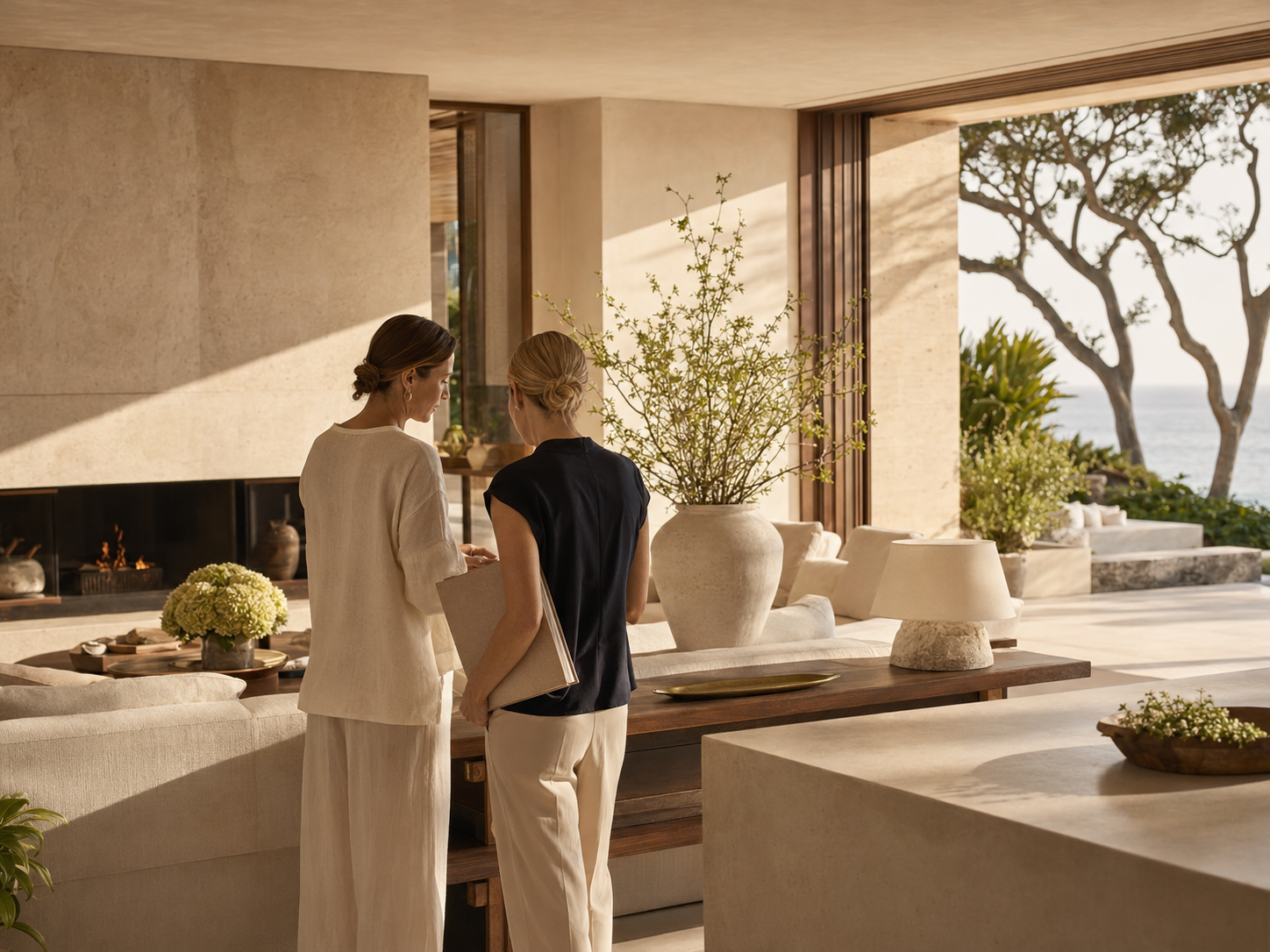 Two women inside a modern, sunlit living room with large windows showing trees and the ocean, standing near a large potted plant and conversing.