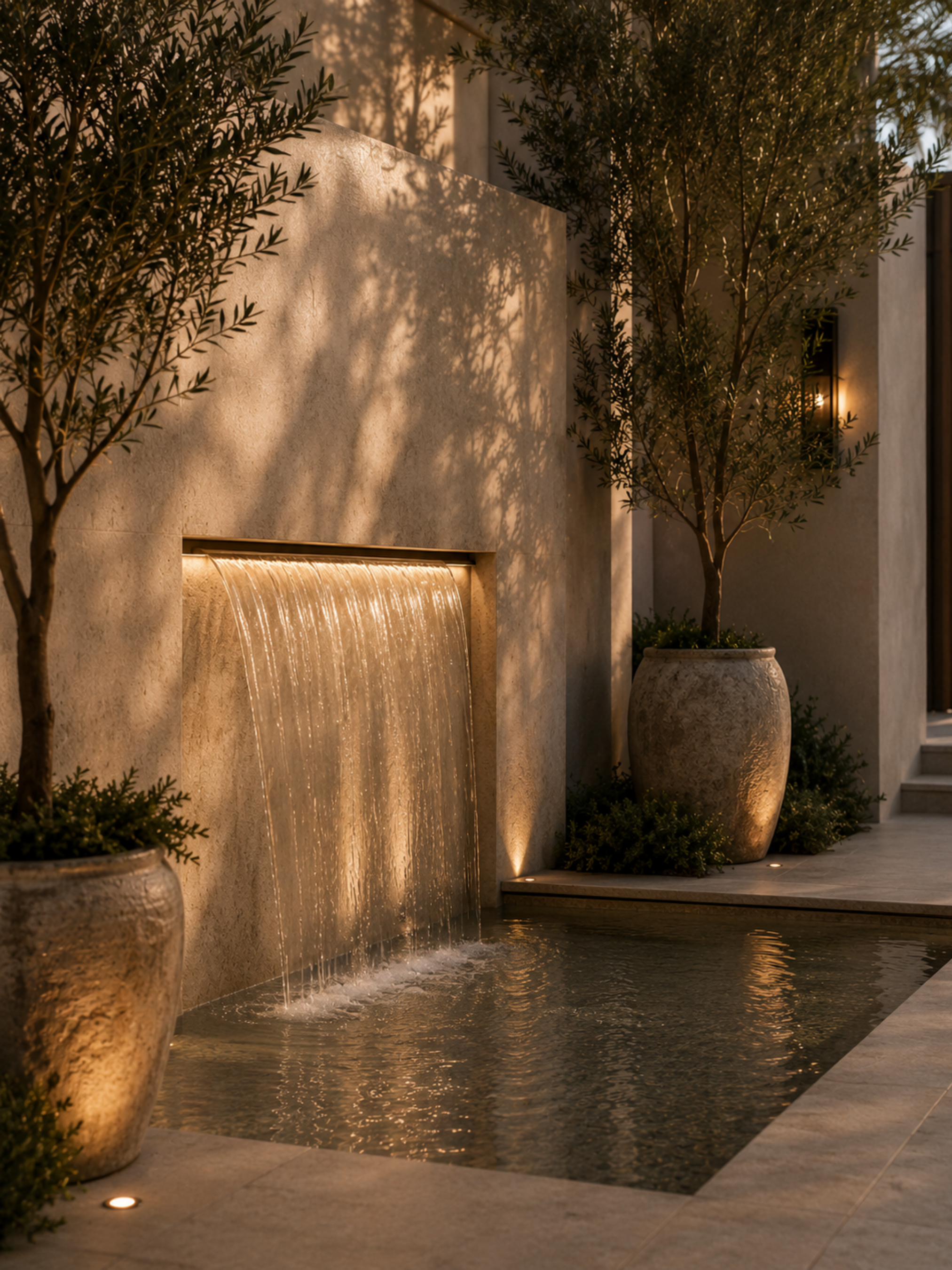 A modern outdoor water feature with a waterfall, illuminated at dusk, flanked by potted trees, reflecting ambient lighting