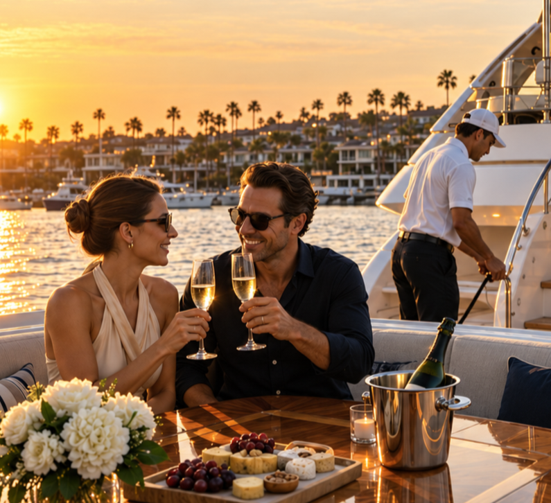 A couple celebrating with champagne on a Coastal Peace of Mind managed yacht charter during sunset, with a harbor and palm trees in the background, and a crew member preparing the yacht. Depicting Coastal Peace of Mind's concierge services.