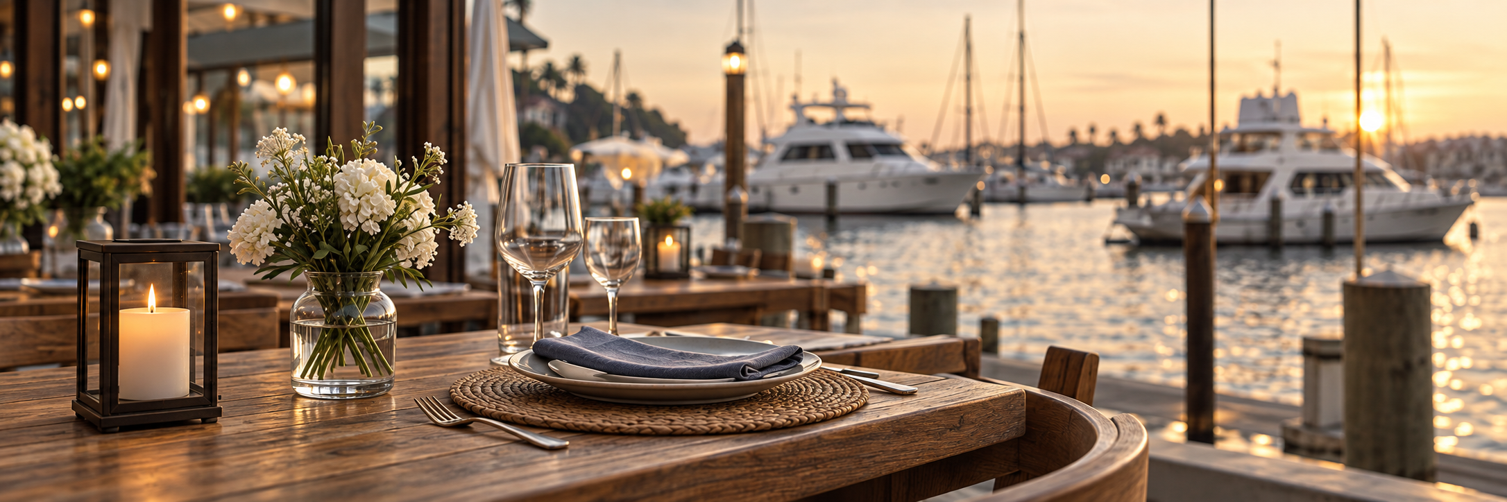 Dining table set with flowers, a candle, wine glasses, and a napkin, overlooking Newport Beach marina with yachts during sunset.