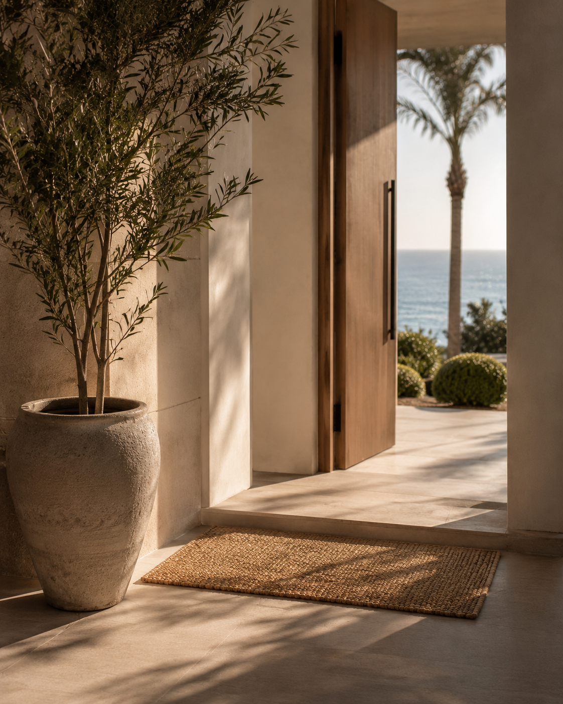 Open wooden door leading outside to a view of the ocean with a palm tree and bushes, with sunlight casting shadows on the floor and a large potted plant inside the room.